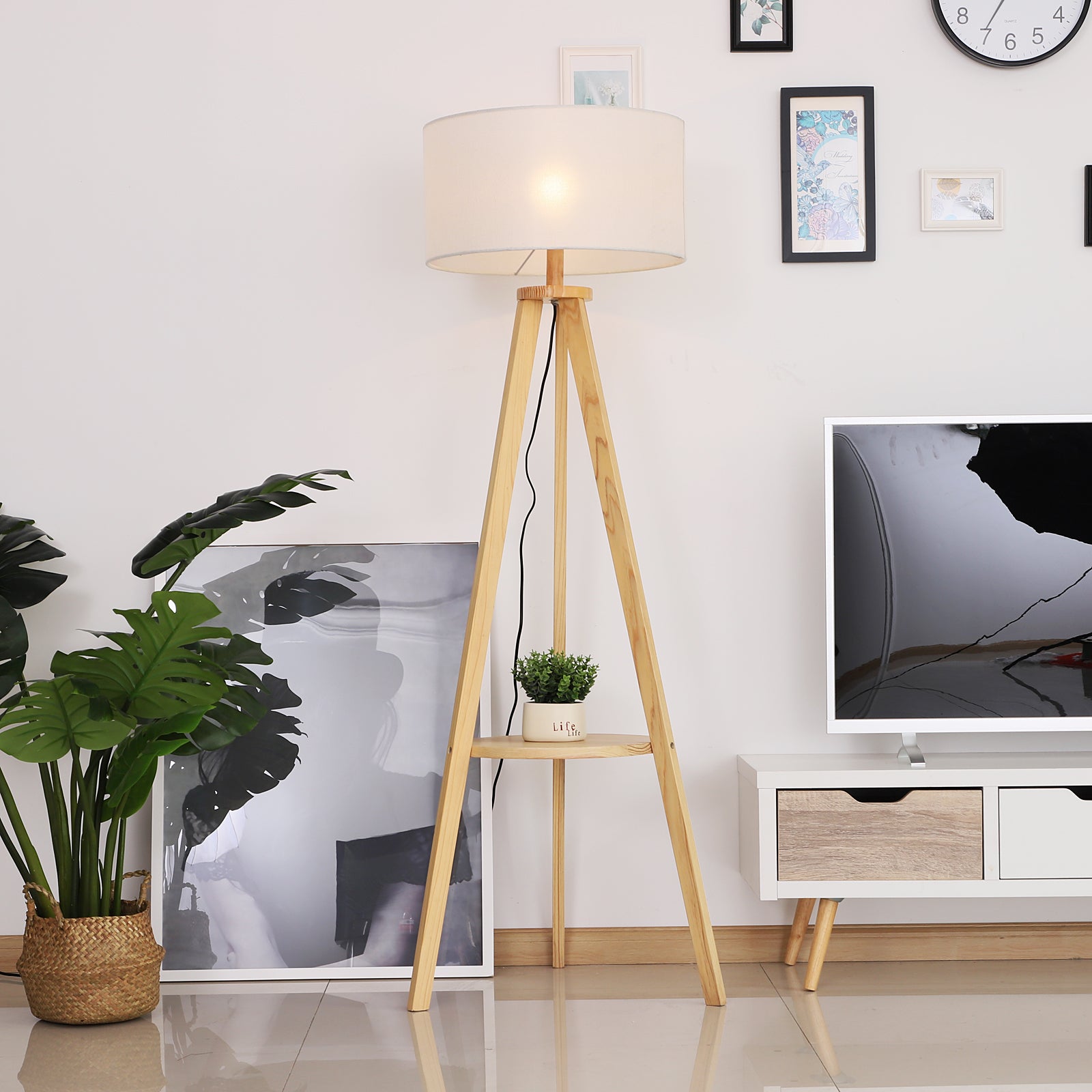 HOMCOM Free Standing Tripod Floor Lamp Bedside Light Reading Light with Storage Shelf Linen Shade for Living Room Bedroom, 154cm, Cream - North Peak Garden Furniture
