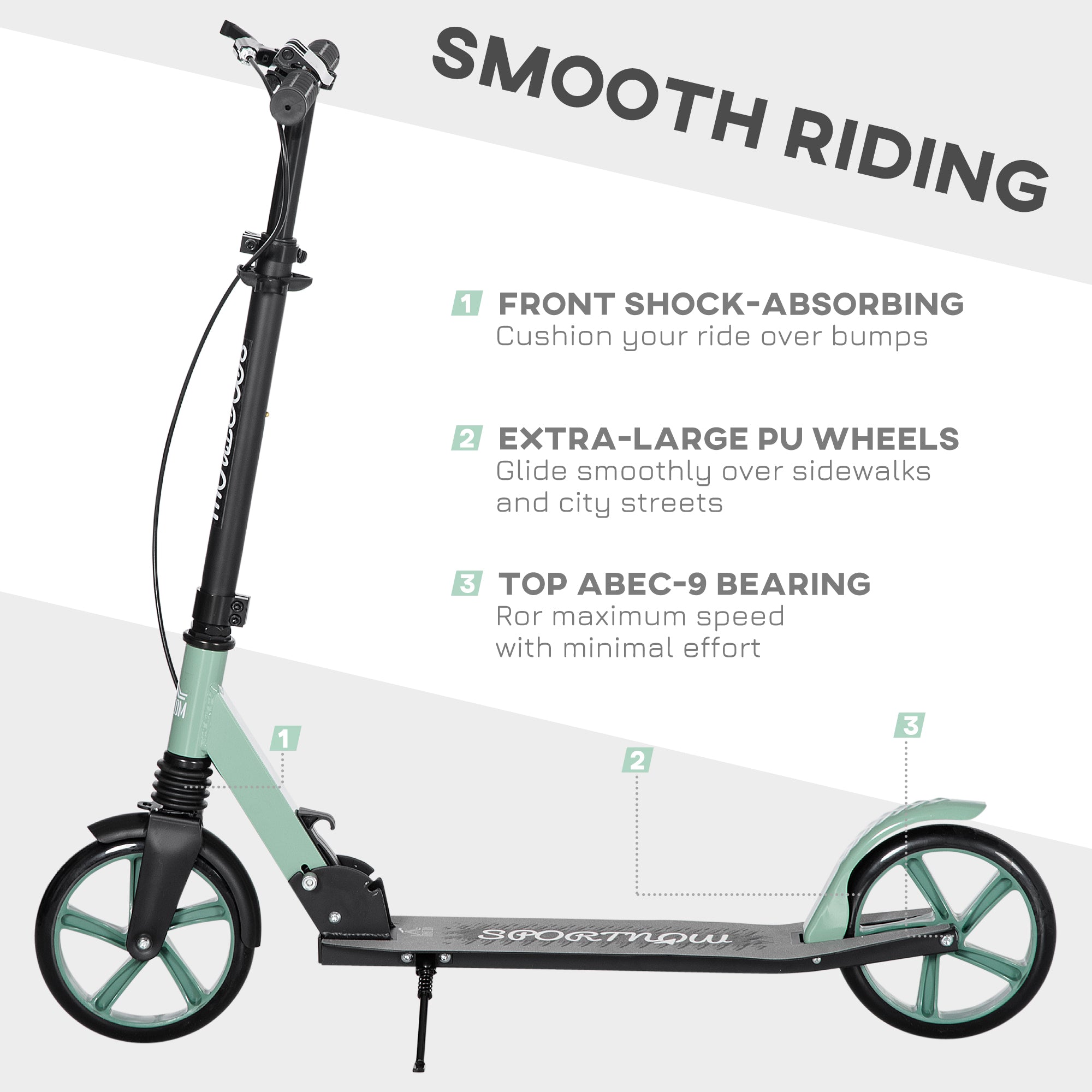 HOMCOM One-click Folding Kick Scooter for 14+ w/ Adjustable Handlebar, Push Scooter with Kickstand, Dual Brake System, Shock Absorber, 200mm Wheels & ABEC-9 Bearings - North Peak Garden Furniture