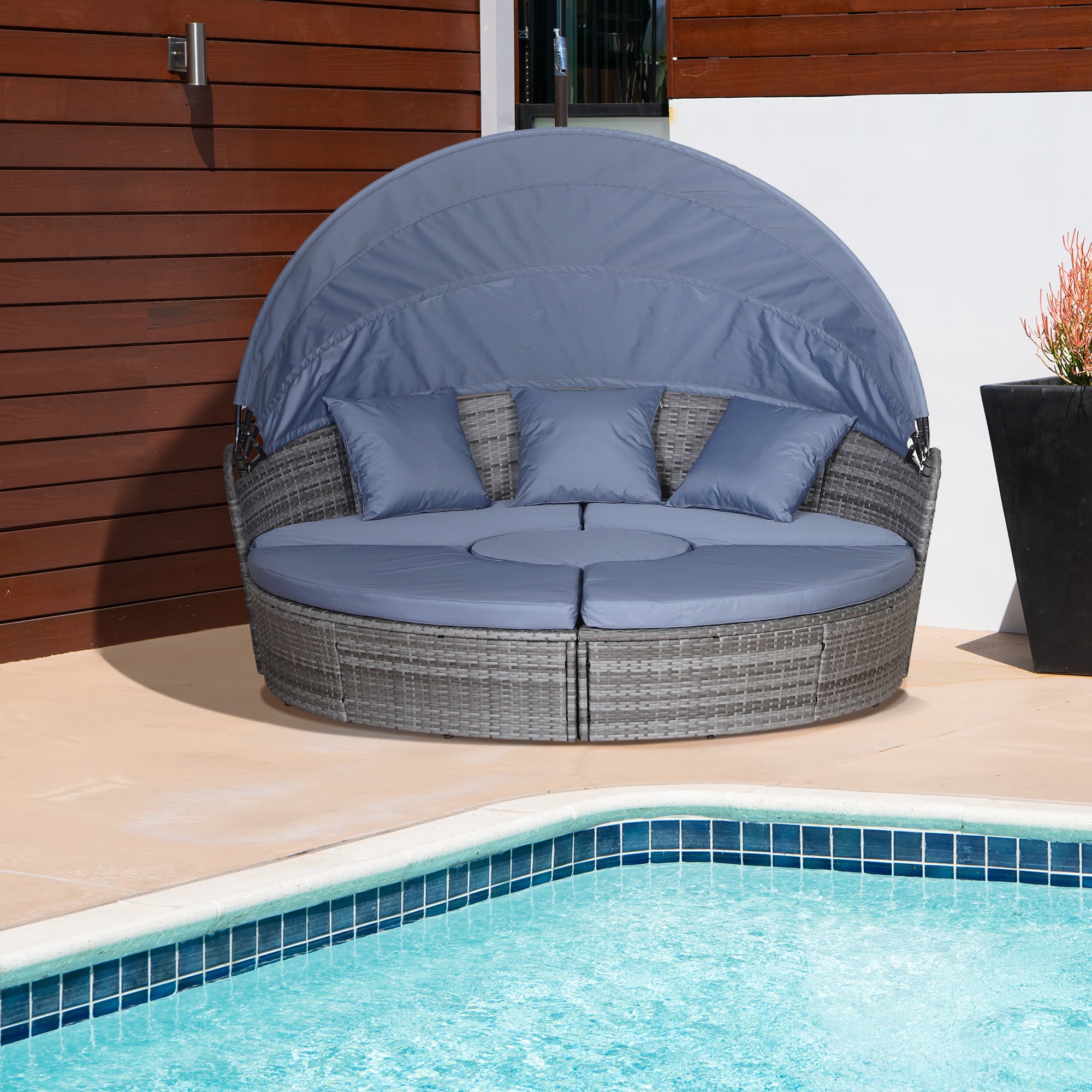 Outsunny PE Rattan Lounge Set, 5 Pieces Patio Conversation Furniture Set, Garden Round Sofa Bed with Cushion and Retractable Canopy, Grey