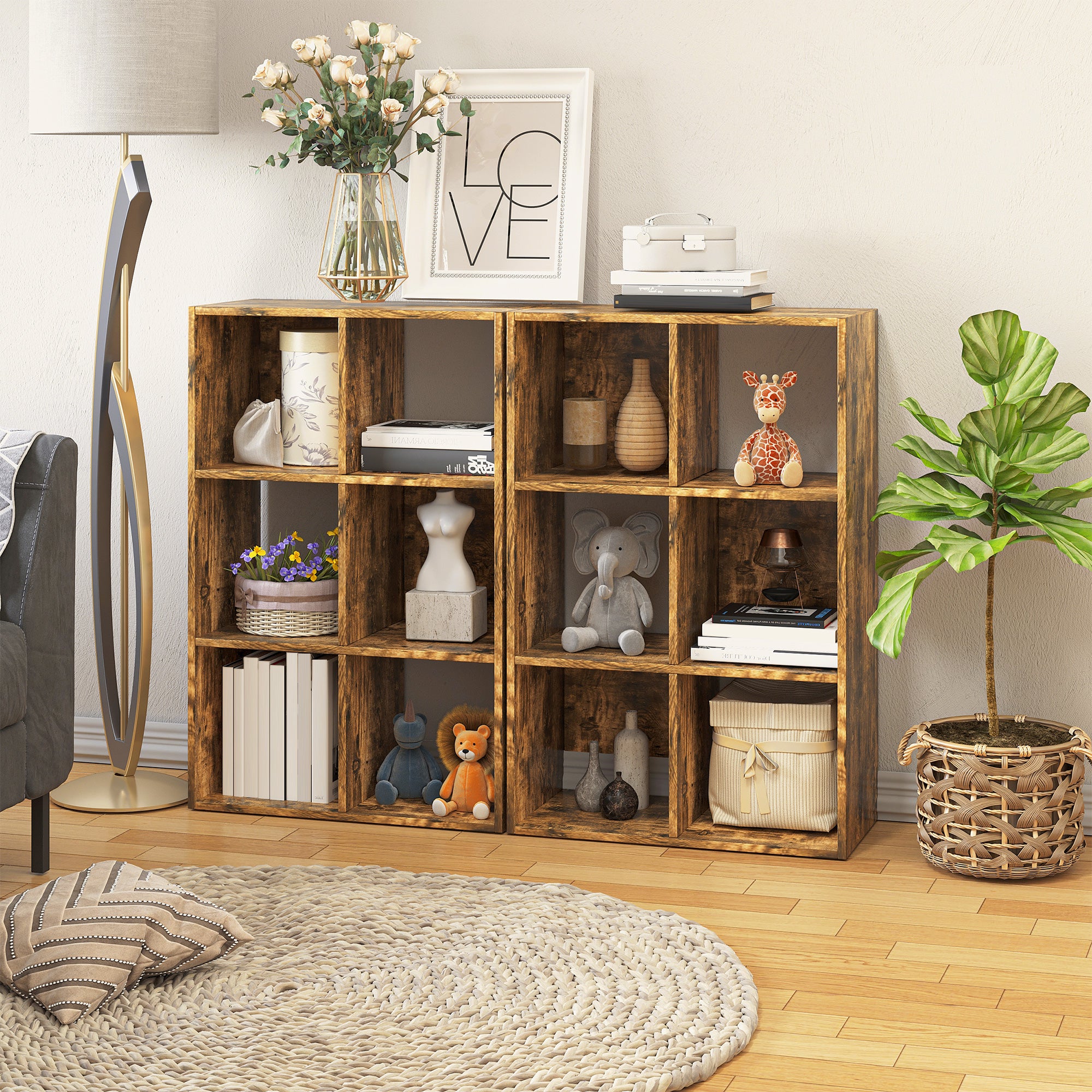 HOMCOM Industrial Style Storage Shelf, Bookcase, Bookshelf with 6 Compartments, Freestanding Shelving Unit for Living Room, Home Study, Rustic Brown - North Peak Garden Furniture