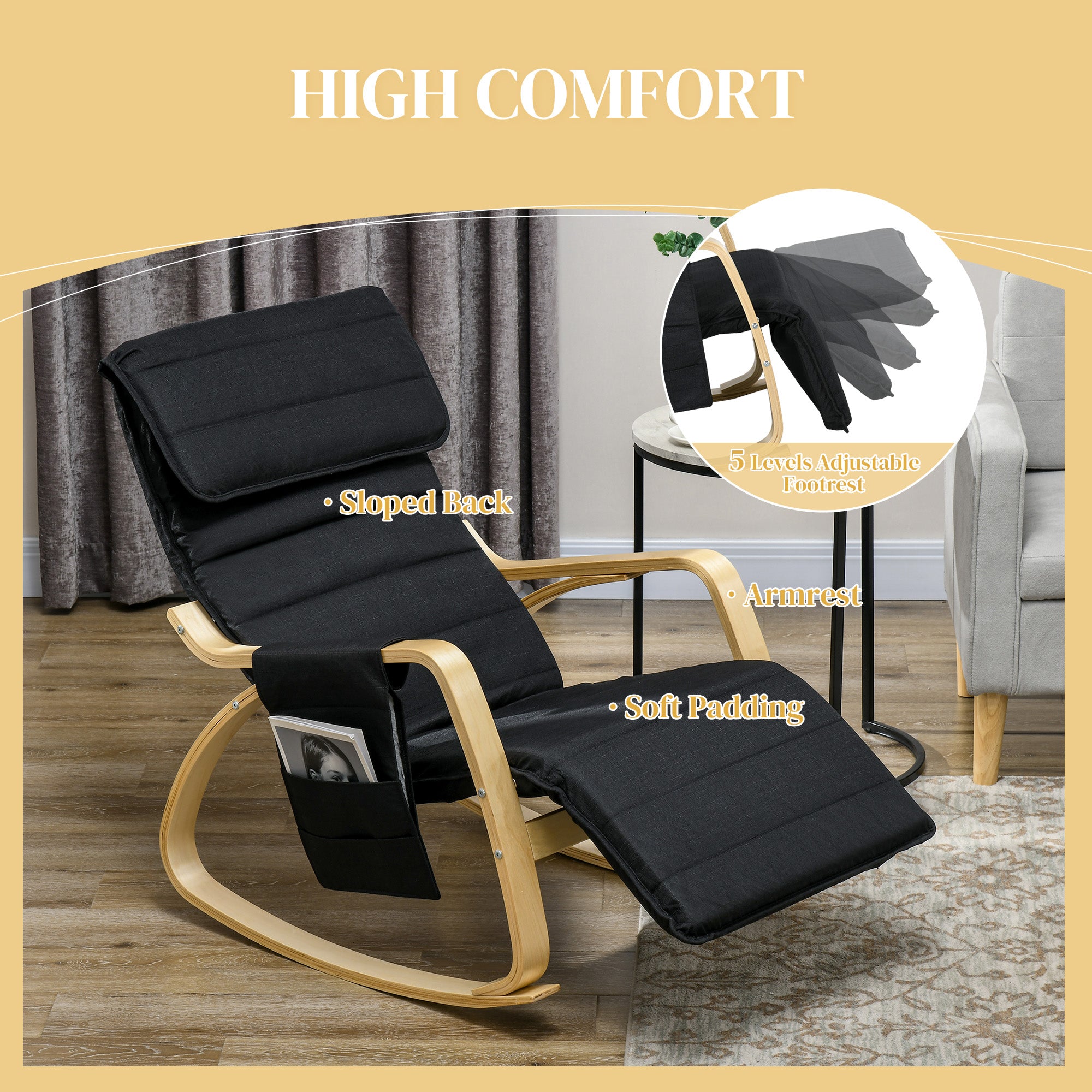 HOMCOM Rocking Lounge Chair Recliner Relaxation Lounging Relaxing Seat with Adjustable Footrest, Side Pocket and Pillow, Black - North Peak Garden Furniture