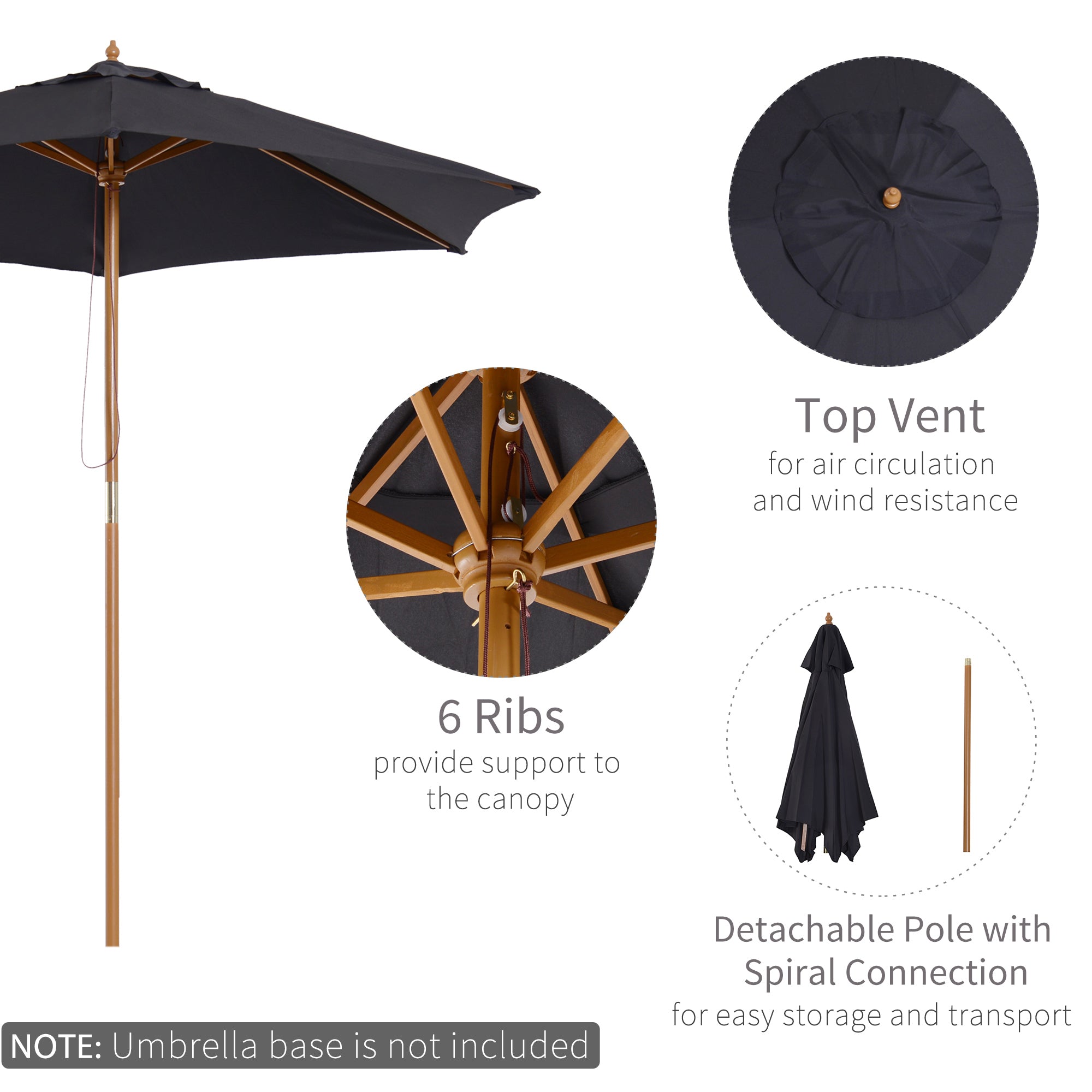 Outsunny Wooden Patio Parasol: 2.5m Outdoor Sun Umbrella, Weather-Resistant, Black