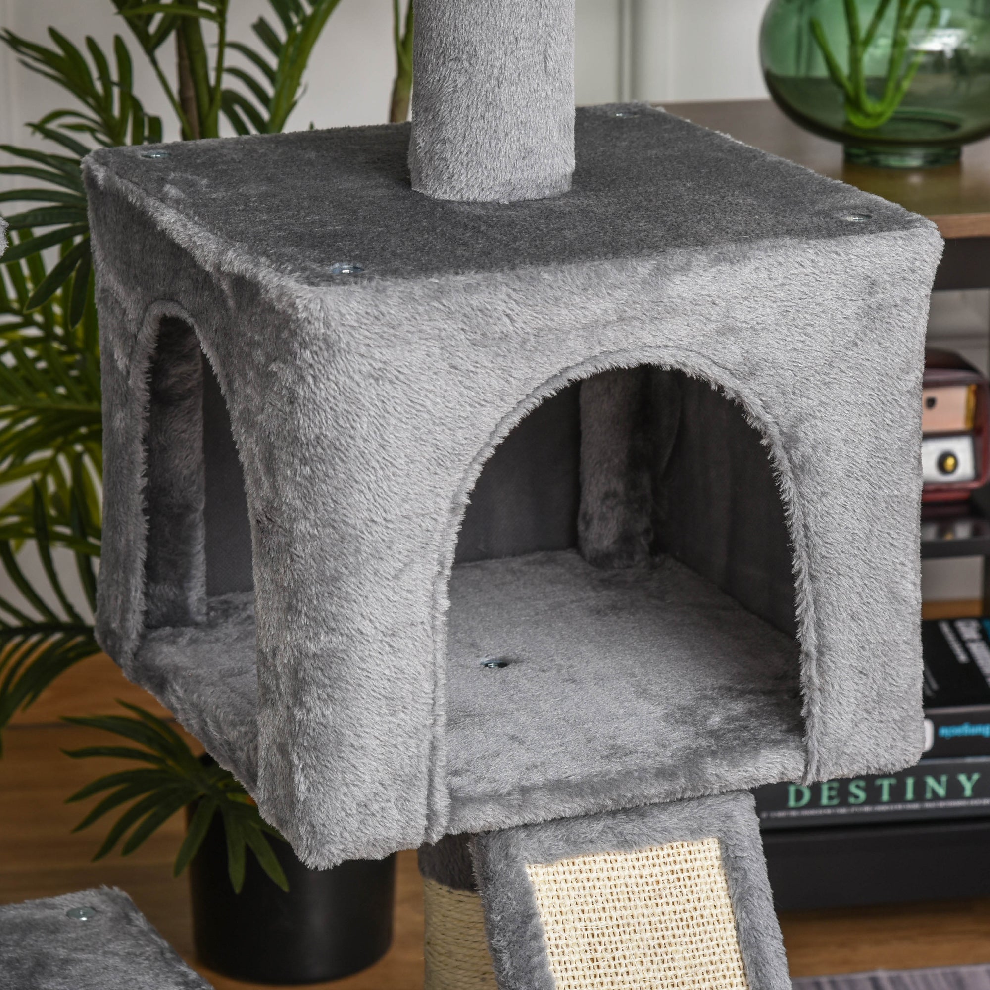 PawHut Cat Tree Tower for Indoor Cats, 111cm Kitten Activity Centre with Scratching Post Pad Hammock Condo Bed Ball Toy, Grey - North Peak Garden Furniture