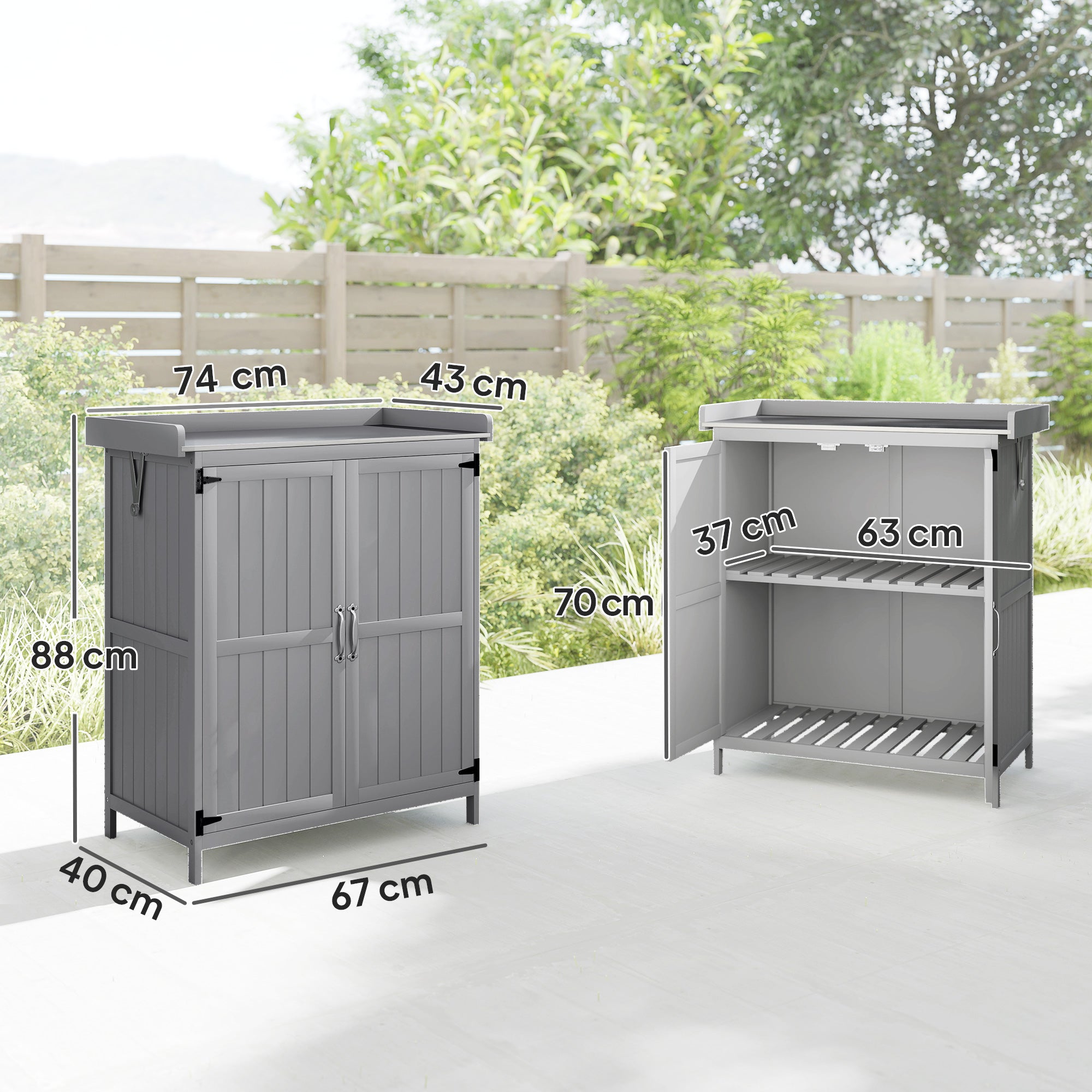 Outsunny Wooden Garden Shed, Garden Tool Storage Shed with Hinged Roof and Shelf, Outdoor Storage Cabinet with Double Doors, Grey