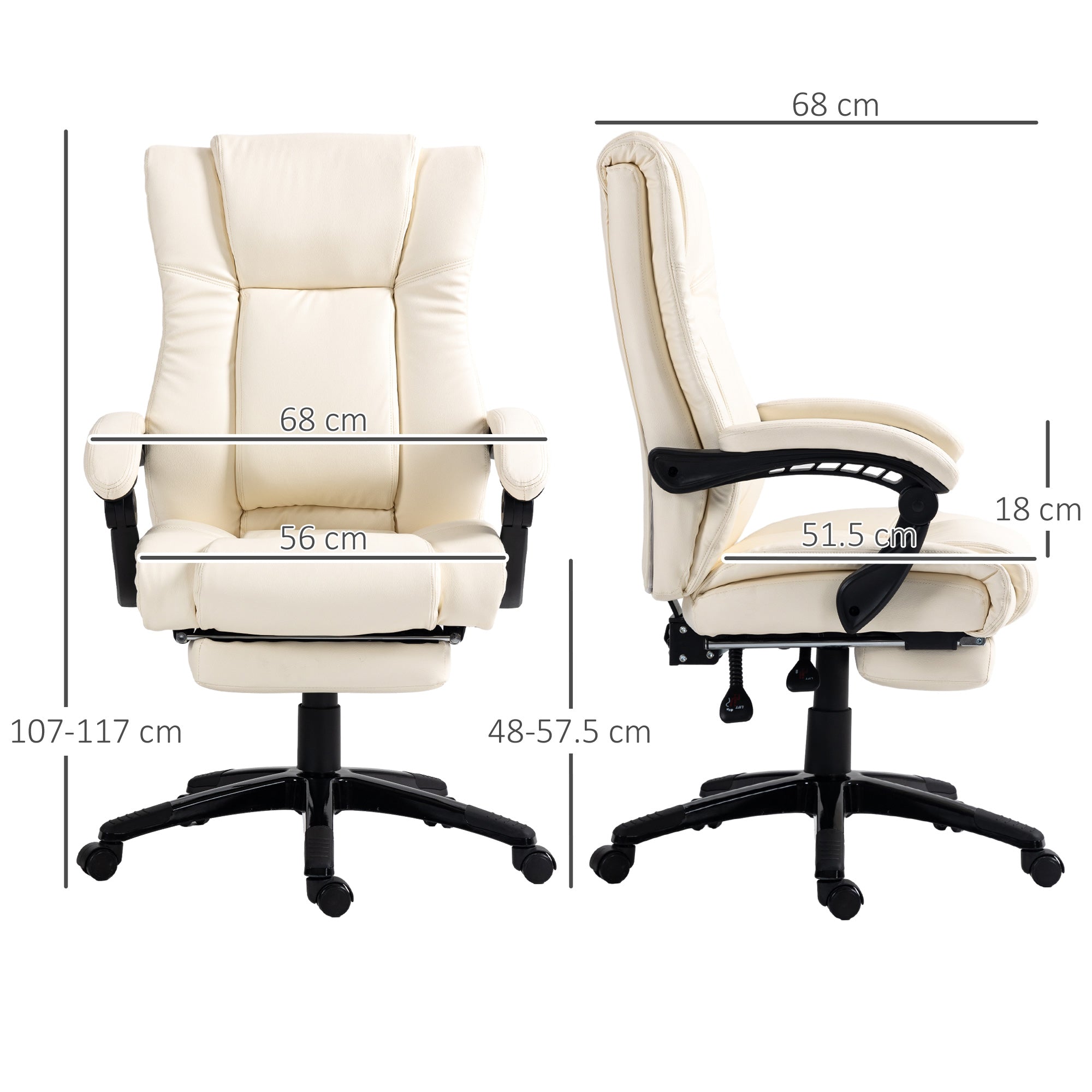 Vinsetto PU Leather Office Chair, Swivel Computer Chair with Footrest, Wheels, Adjustable Height, Cream White - North Peak Garden Furniture