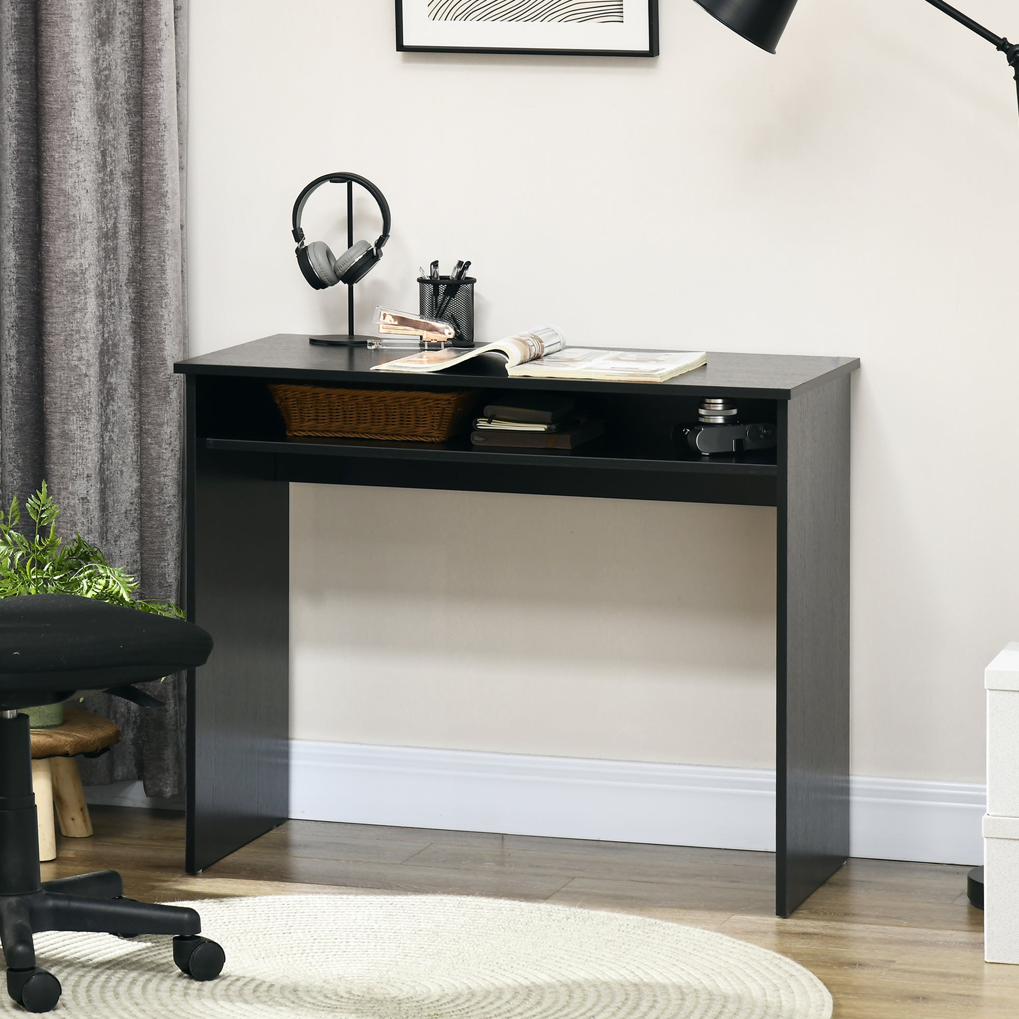 HOMCOM Modern Computer Desk, Home Office Table, Small Writing Desk with Storage Shelf, 90 x 50cm, Black Wood Grain - North Peak Garden Furniture