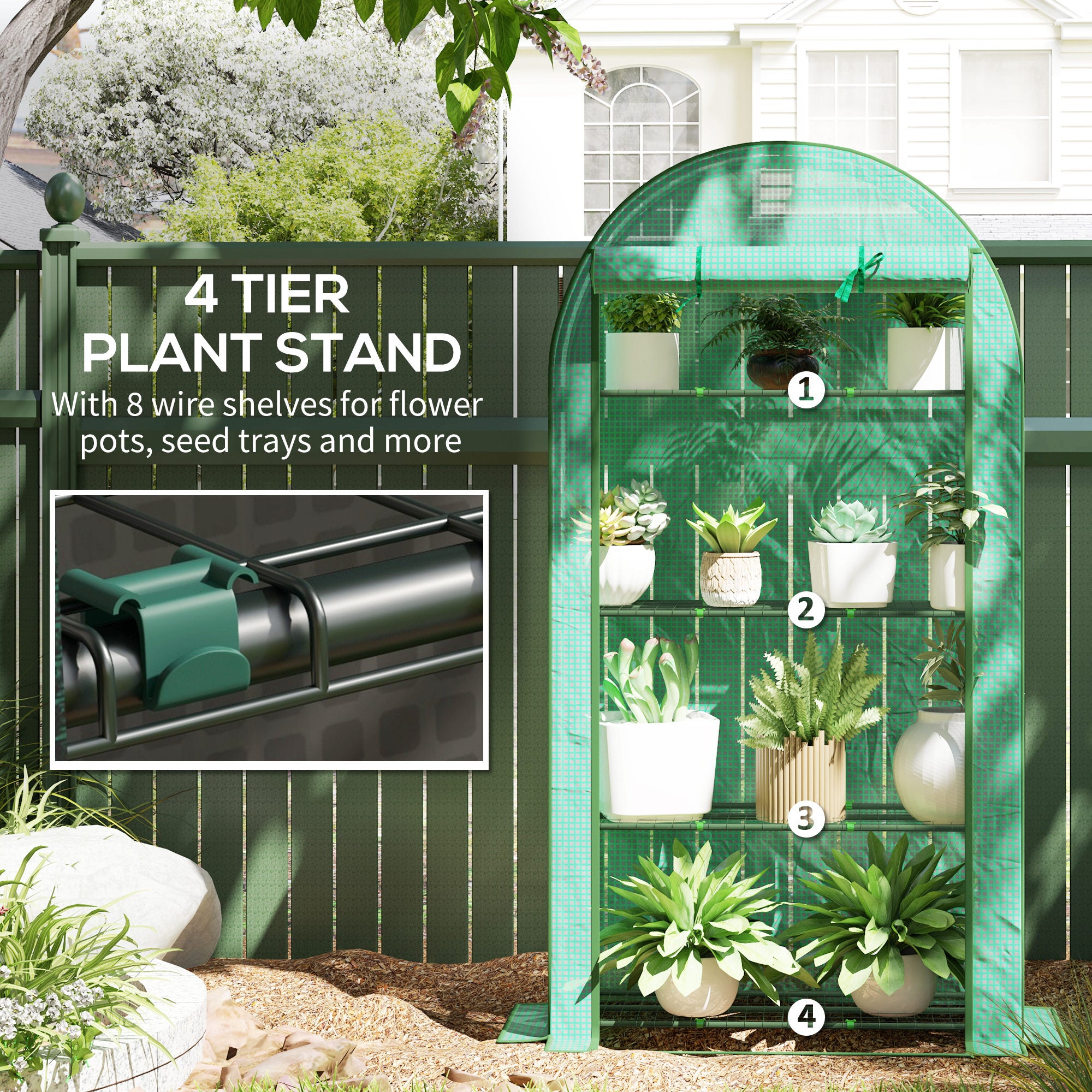 Outsunny 4 Tier Mini Greenhouse with Reinforced PE Cover, Portable Small Greenhouse with Roll-Up Door, 105 x 45 x 160cm, Green - North Peak Garden Furniture