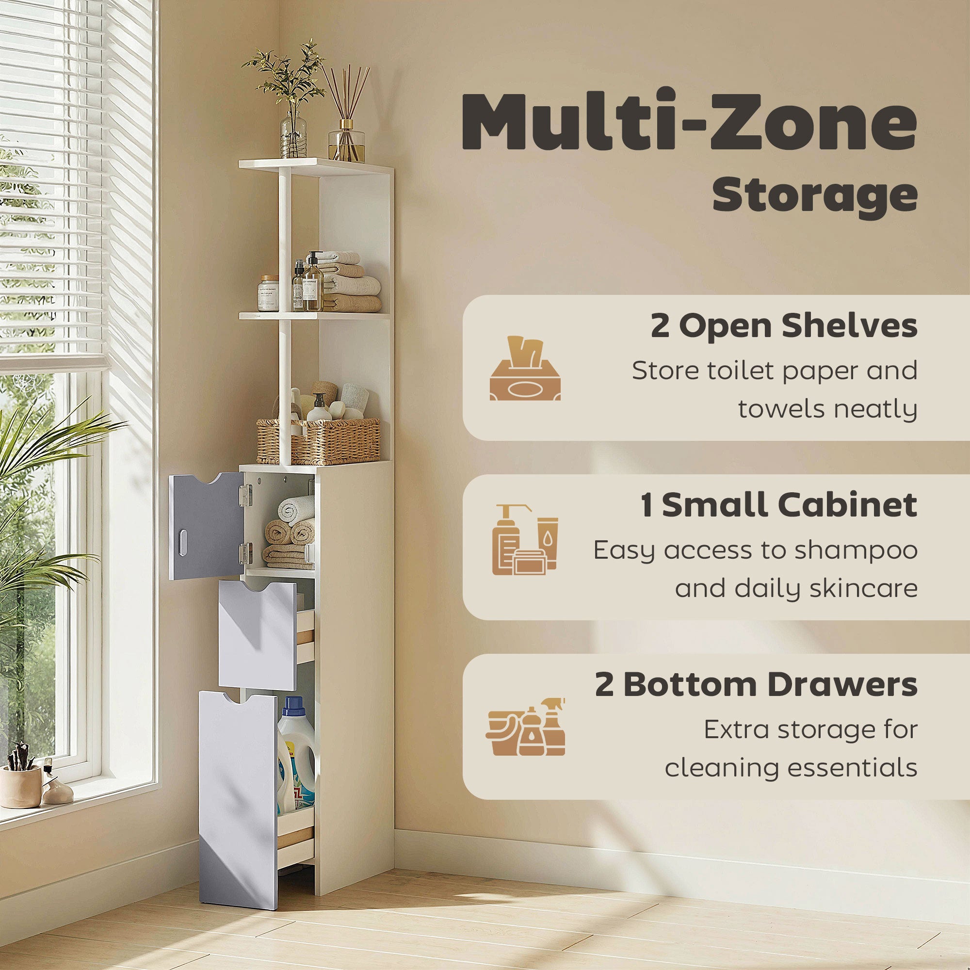 HOMCOM Tall Bathroom Cabinet, Freestanding Bathroom Storage Cabinet with 2-Tier Shelf and Drawers, Narrow Cupboard Storage Unit, White, Grey