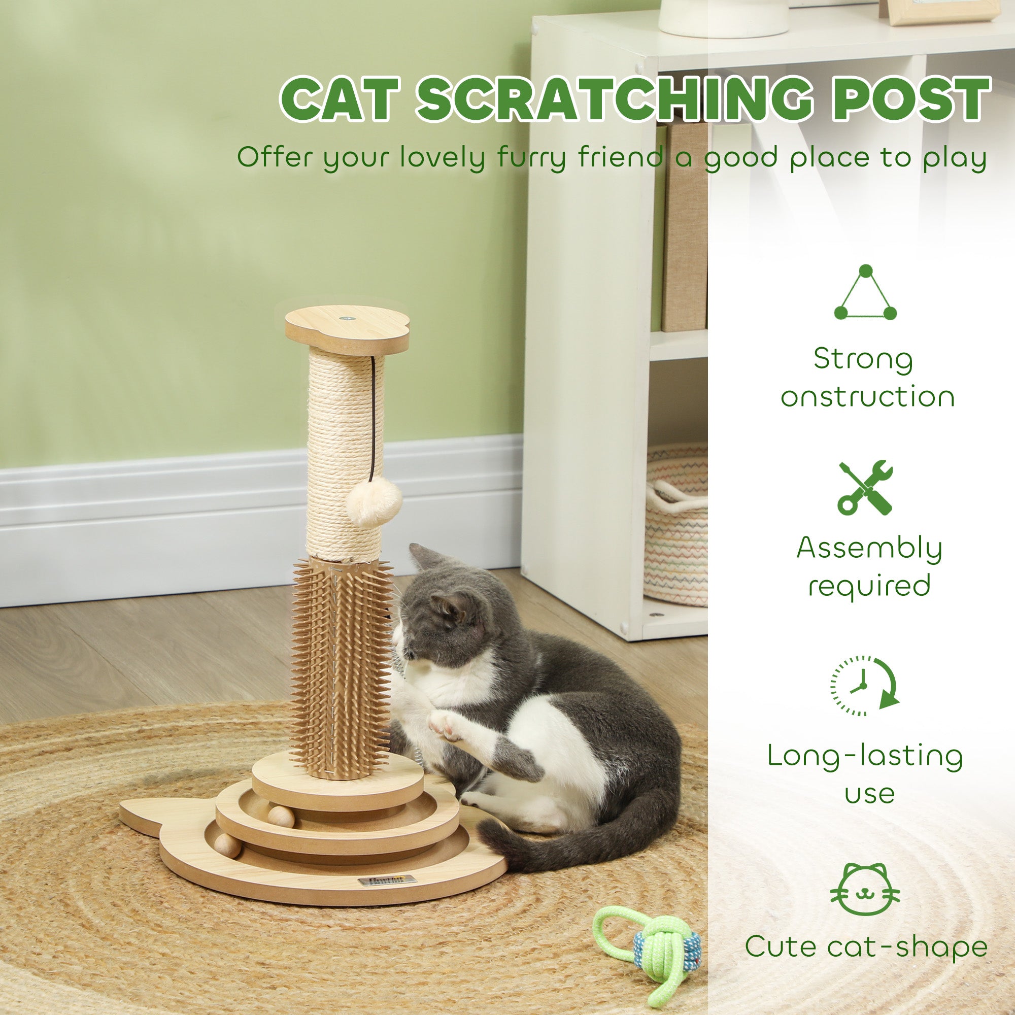 PawHut 49cm 5 in 1 Cat Scratching Post with Sisal Post, Track Ball, Self Grooming Brush, Hanging Toy Ball, Feather, Oak Tone - North Peak Garden Furniture