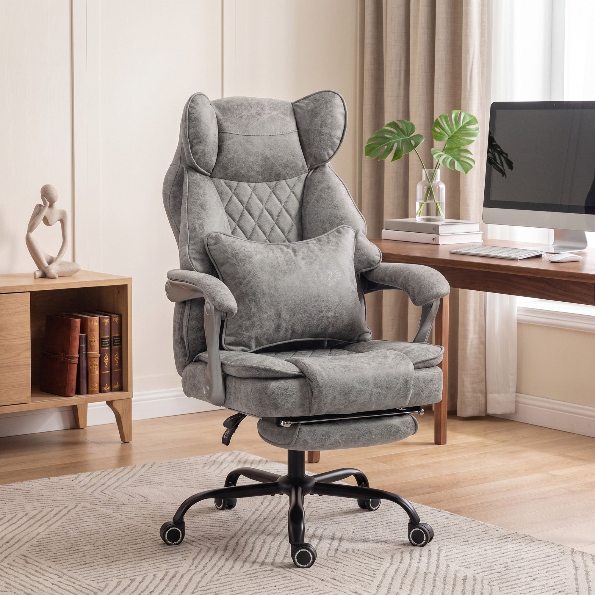 HOMCOM Executive Office Chair, Leathaire Big and Tall Office Chair 180 kg with Wide Seat, Reclining, Lumbar Support, Grey