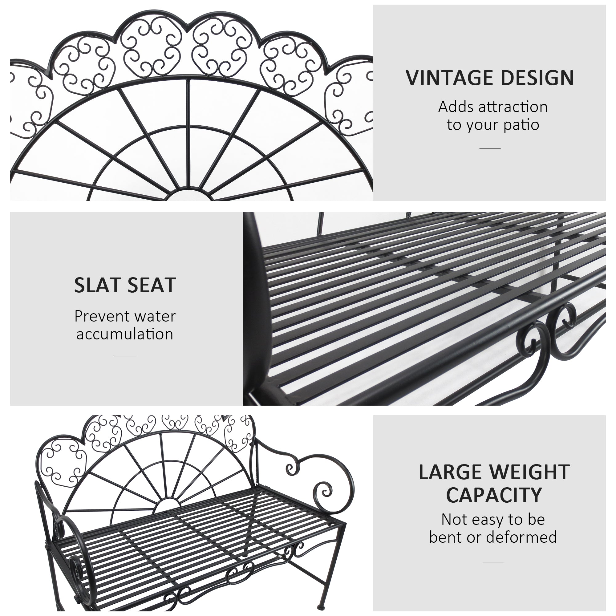 Outsunny Metal Garden Bench Loveseat with Slatted Seat, Black