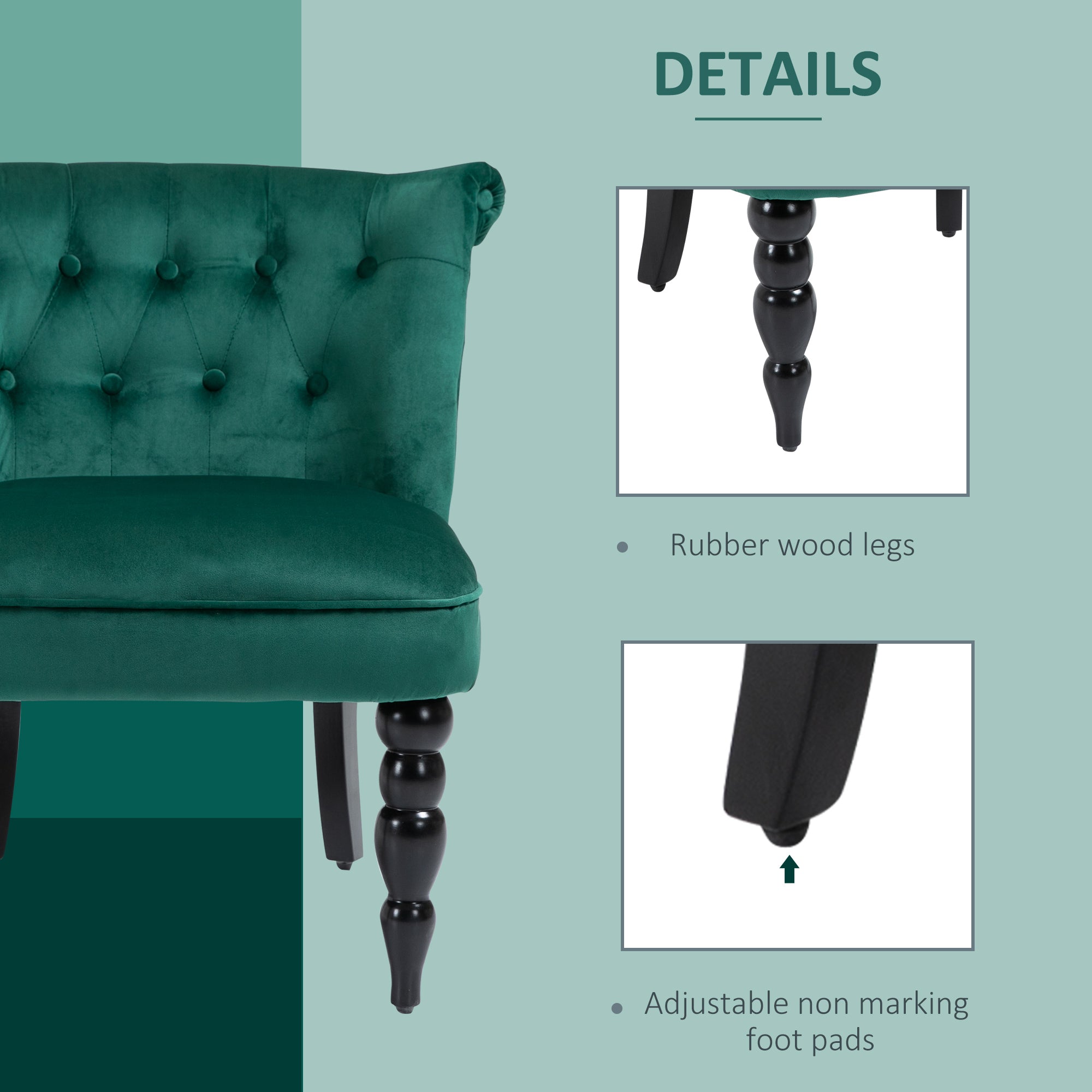 HOMCOM Velvet-Feel Wingback Accent Chair, with Wooden Legs - Green