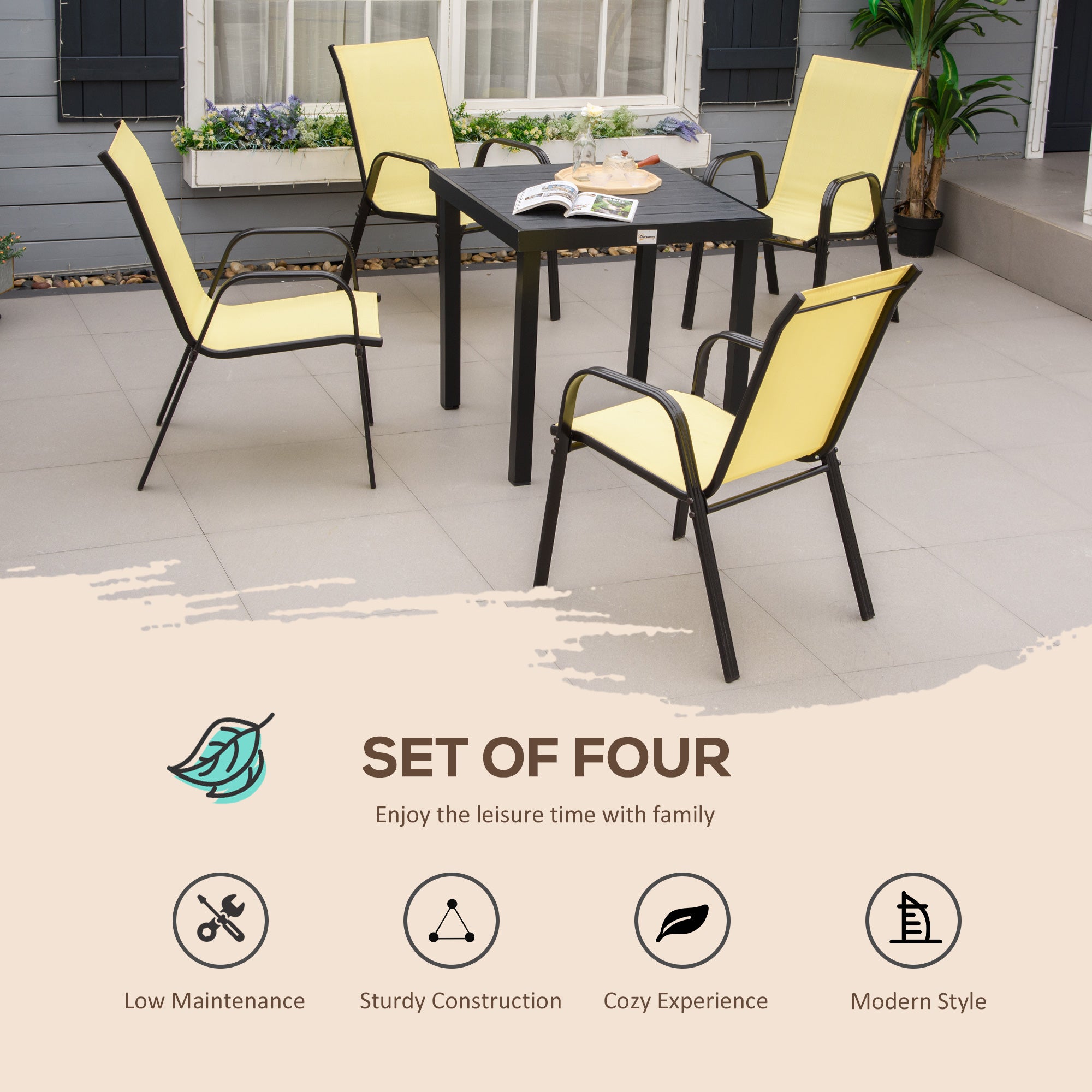 Outsunny 4 Pieces Garden Chairs, Stackable Outdoor Chairs with High Backrest and Armrest, Breathable Mesh Fabric Dining Chair Set of 4, Beige - North Peak Garden Furniture