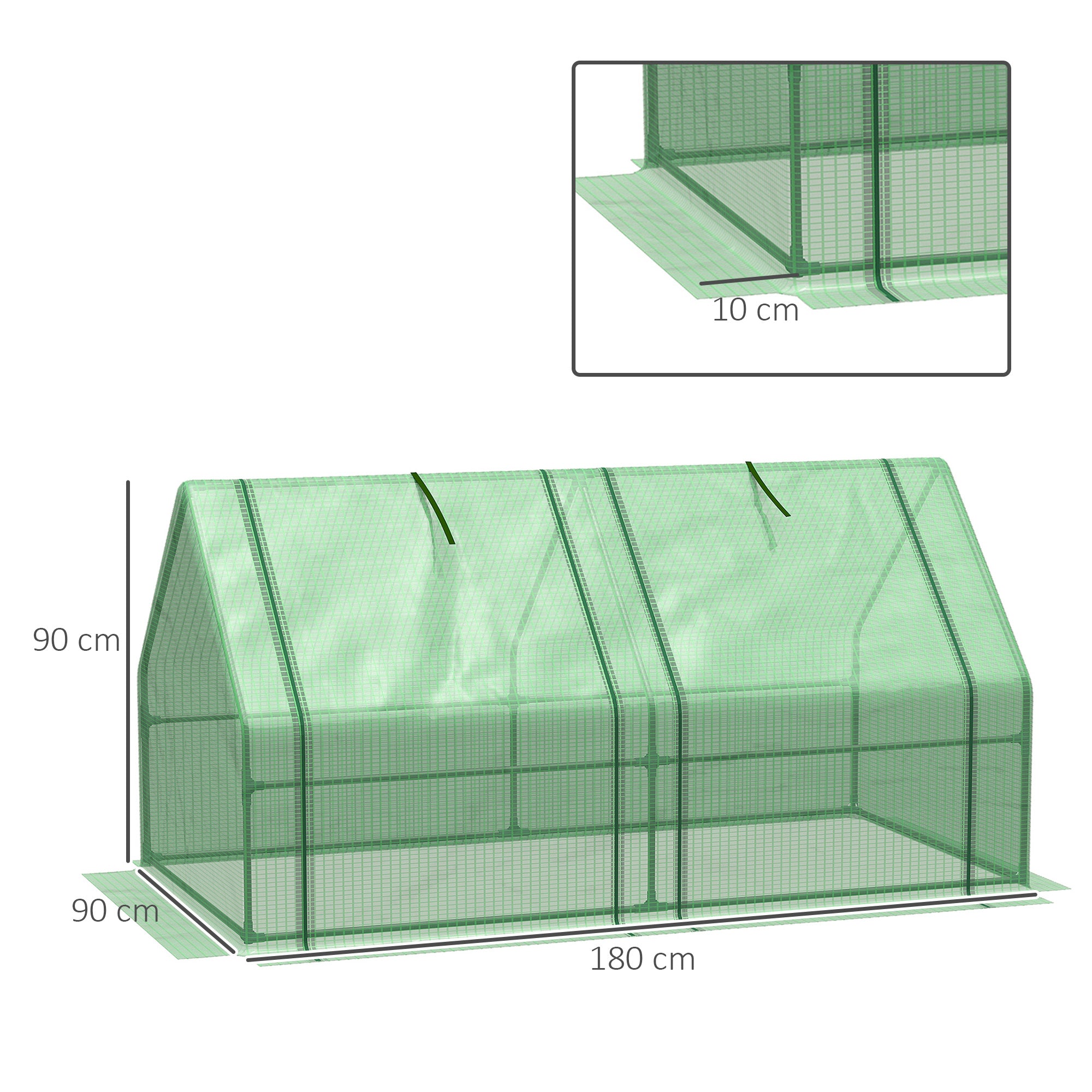 Outsunny Mini Small Greenhouse with Steel Frame & PE Cover & Zippered Window Poly tunnel Steeple for Plants Vegetables, 180 x 90 x 90 cm, Green - North Peak Garden Furniture