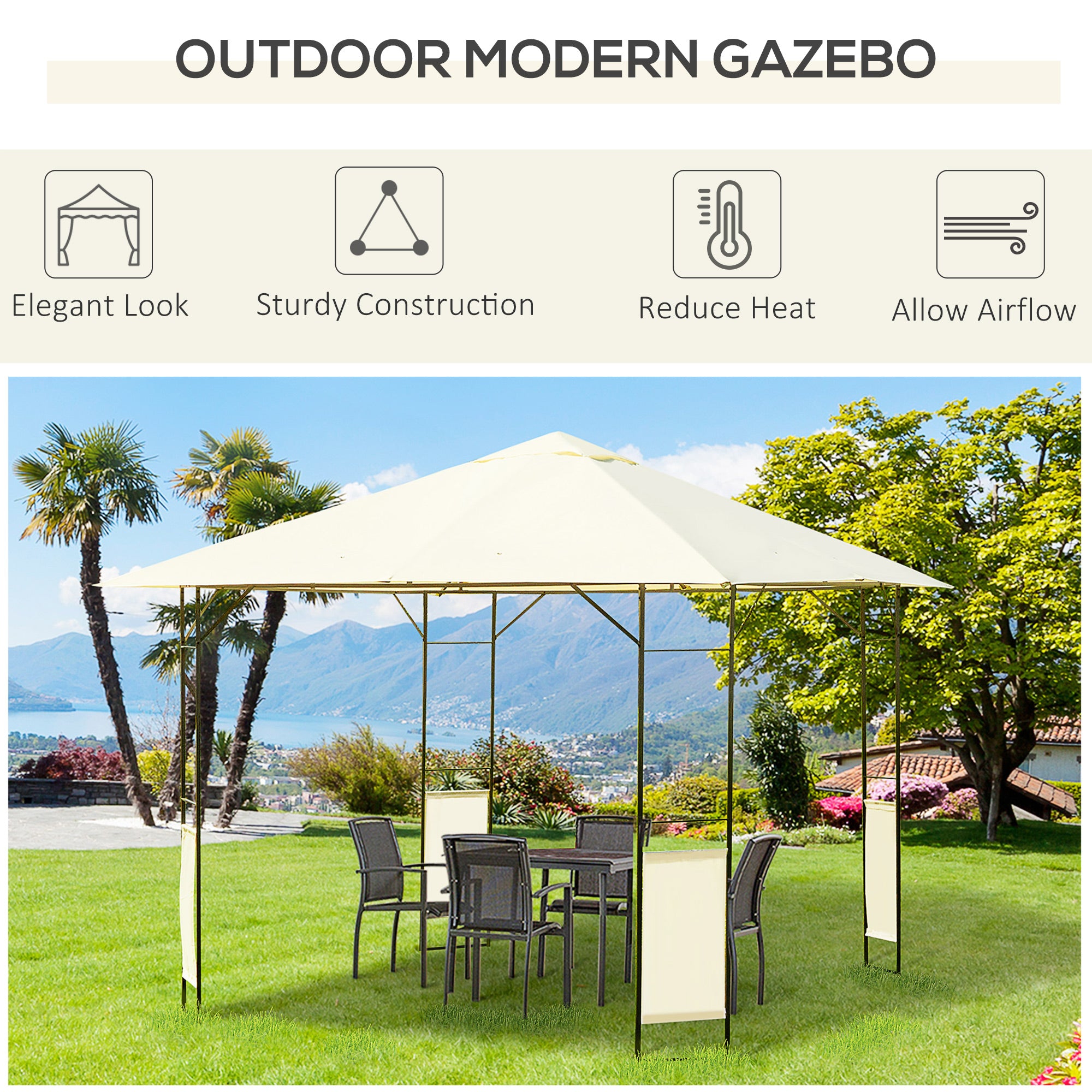 Outsunny 3 x 3 Meters Patio Garden Metal Gazebo Marquee Steel Frame with Canopy Awning Tent Water Resistant Cream - North Peak Garden Furniture