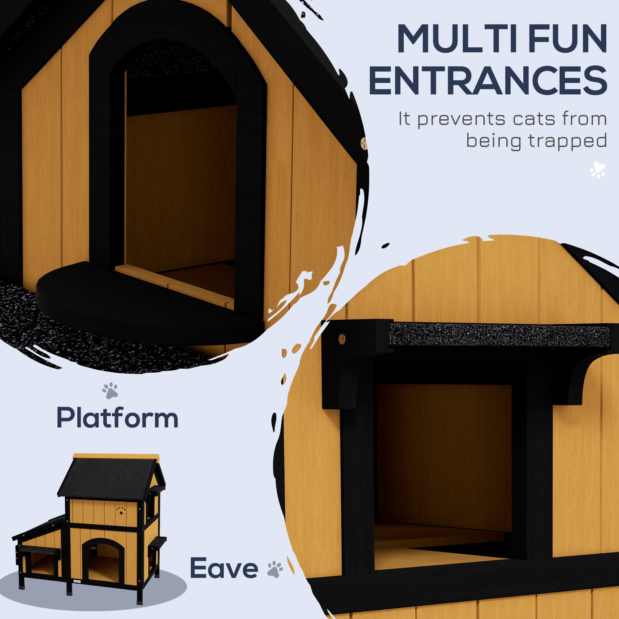 PawHut Wooden Cat House with Flower Pot, Windows, Multiple Entrances, Water-Resistant Roof for Outdoor - Yellow - North Peak Garden Furniture