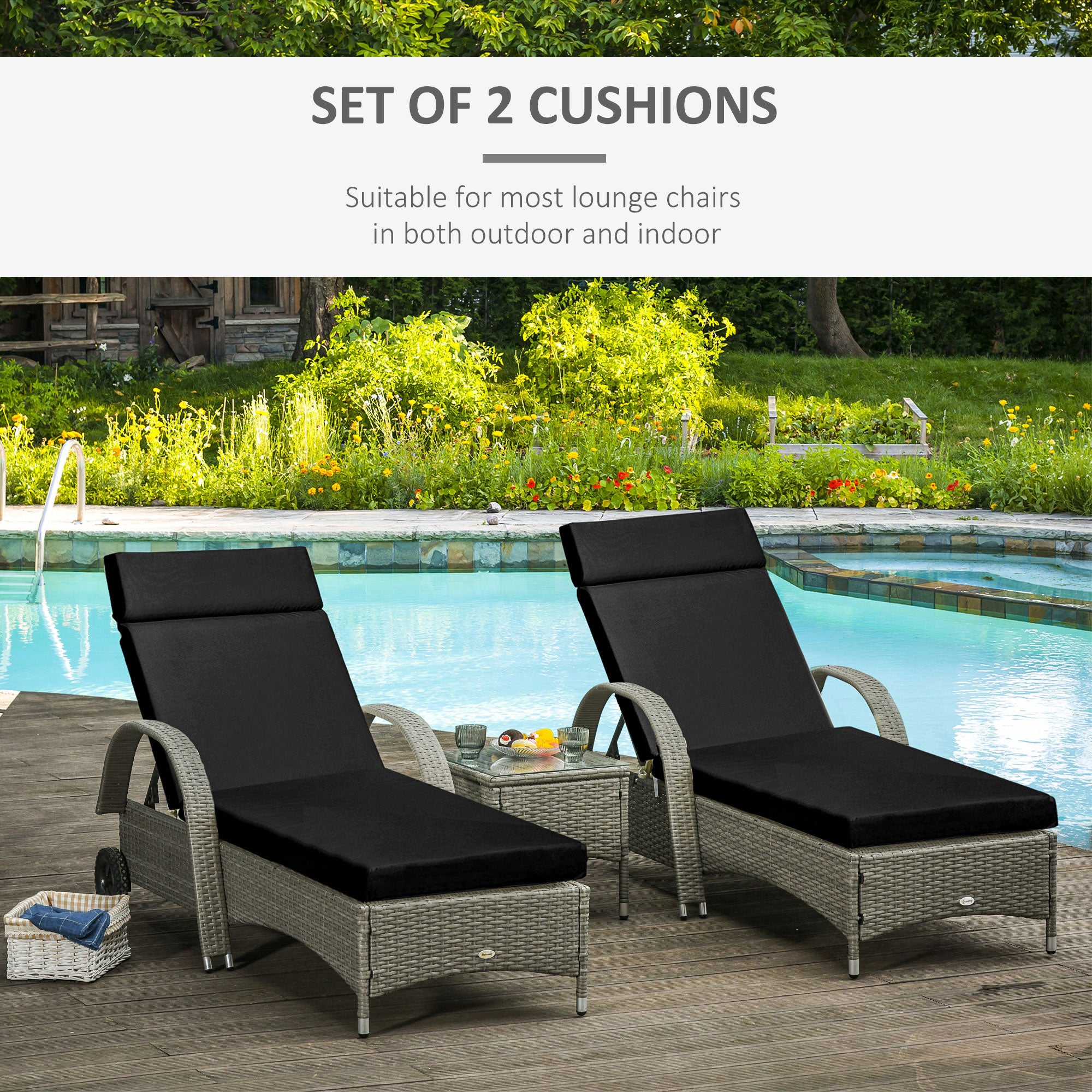 Outsunny Set of 2 Sun Lounger Cushions, Replacement Cushions for Rattan Furniture with Ties, 196 x 55 cm, Black - North Peak Garden Furniture