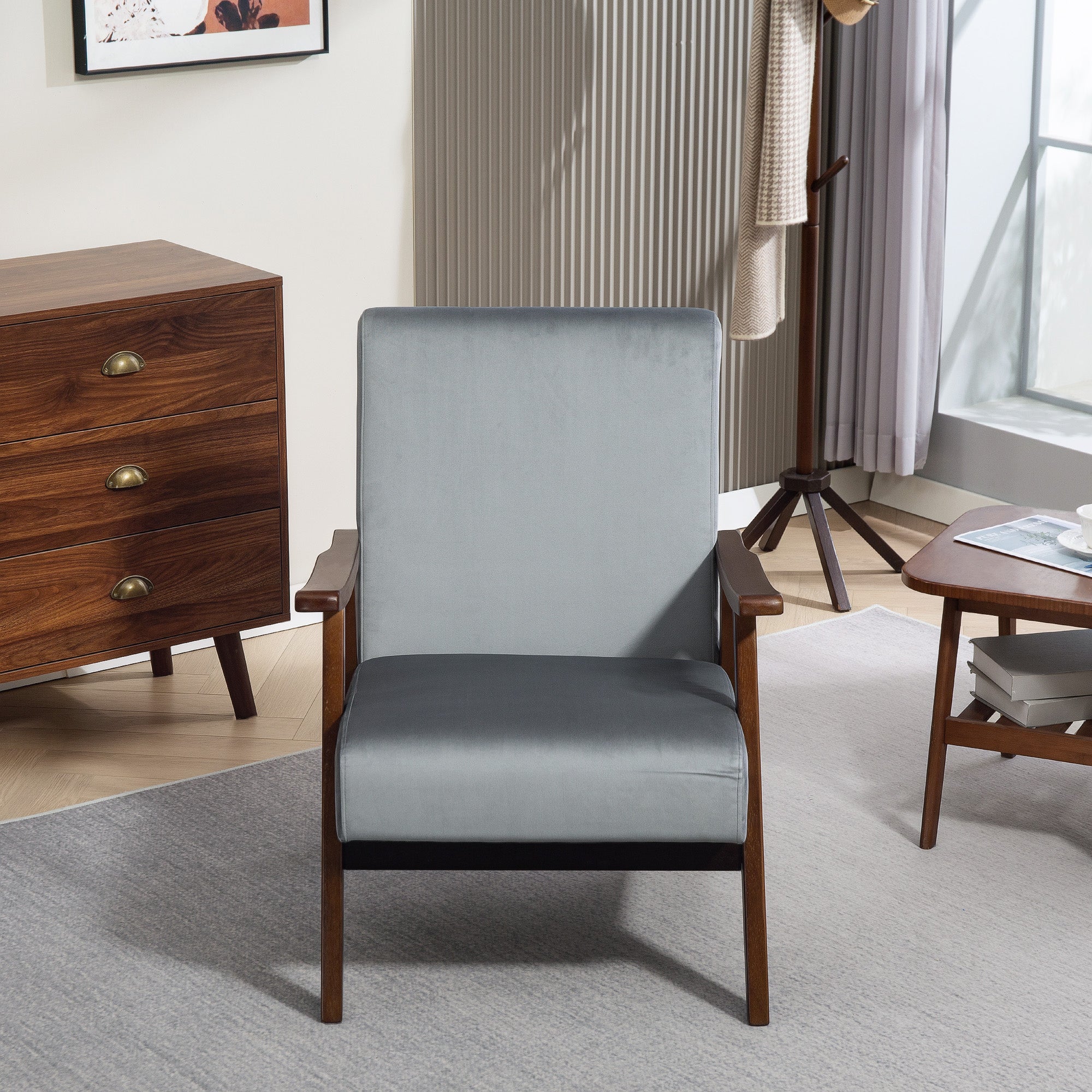 HOMCOM Nordic Accent Chair, Upholstered Velvet Armchair with Solid Wood Frame and Soft Thick Padded for Living Room, Bedroom, Grey - North Peak Garden Furniture