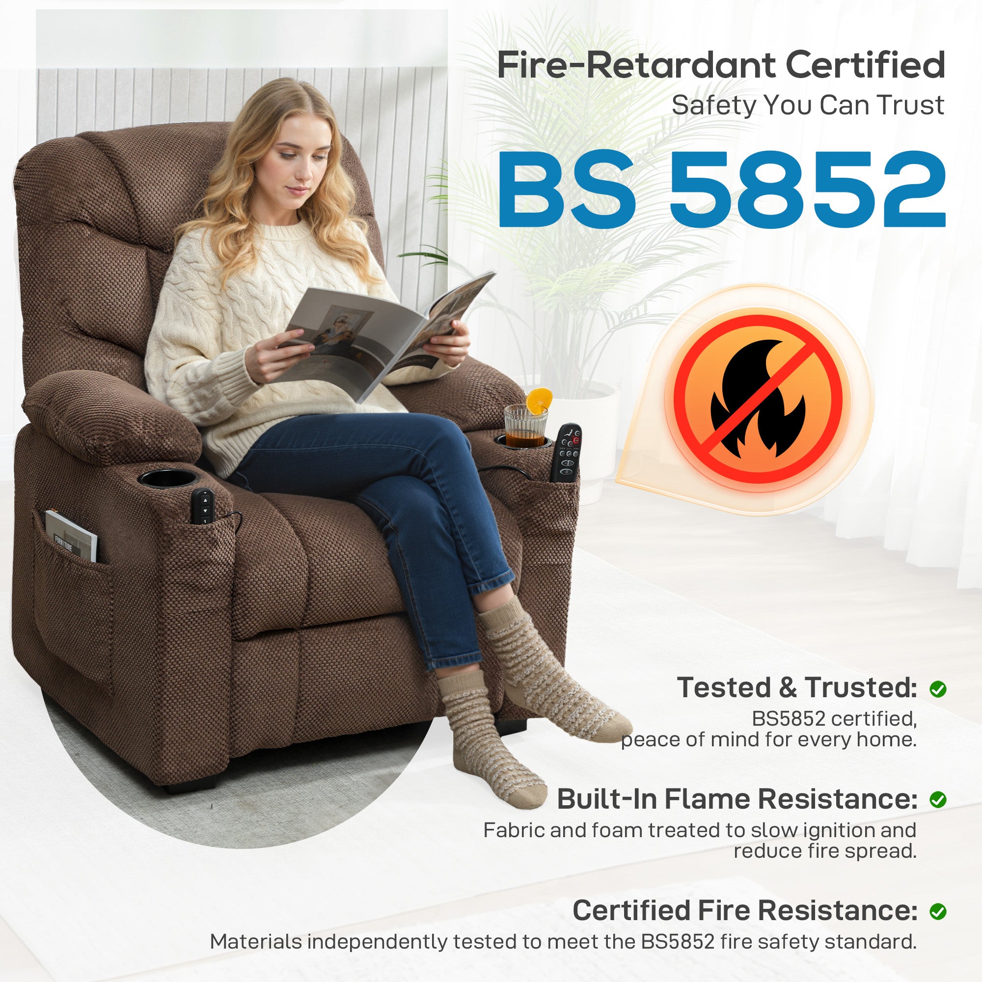 HOMCOM Electric Massage Recliner Armchair with Vibration, Heat, Whisper-Quiet Motor, Memory Function, Fleece Power Reclining Chair with Spring Pack, USB Port, Footrest, Side Pocket, Brown
