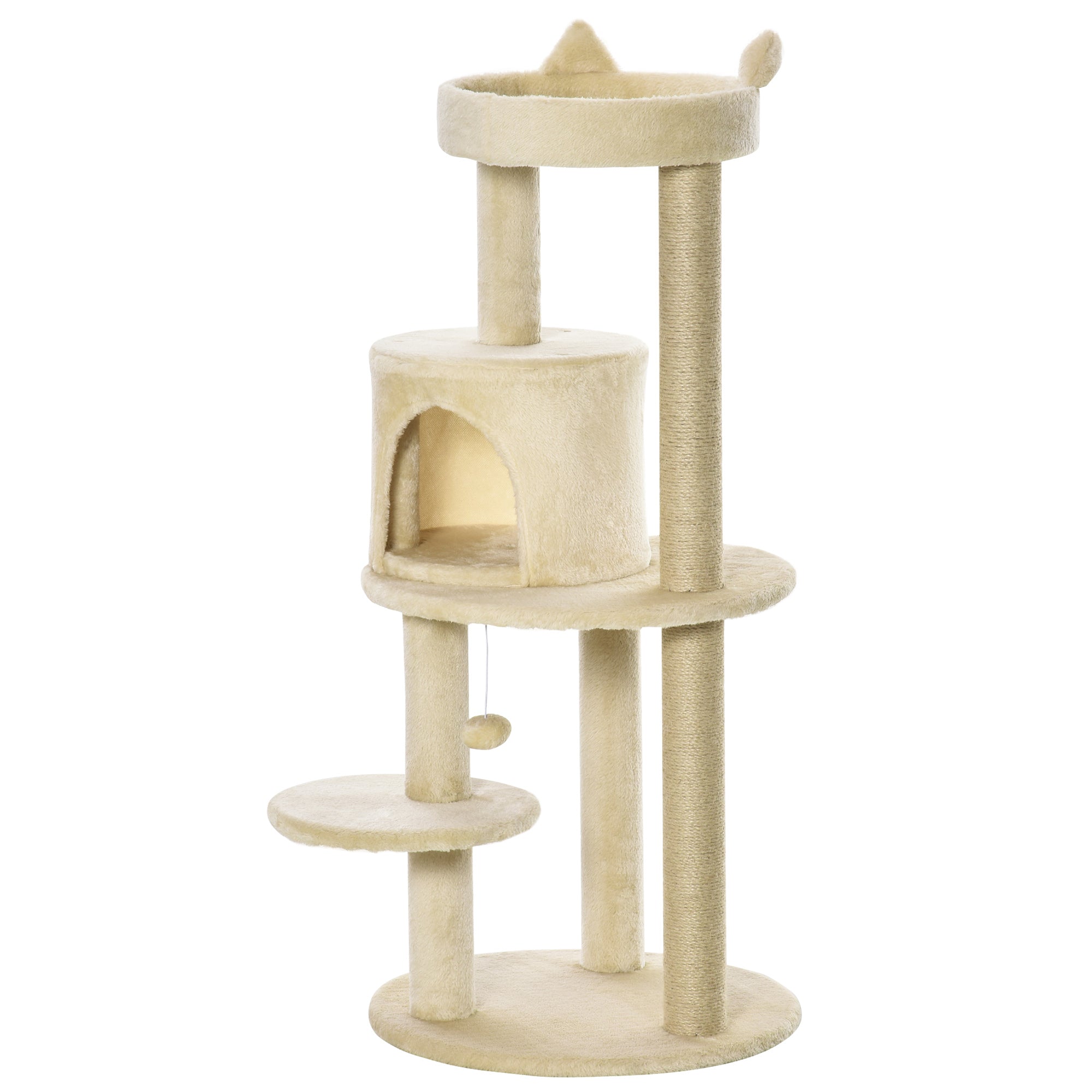 PawHut 104 cm Cat Tree, Cat Condo Tree Tower, Cat Activity Centre with Scratching Posts, Plush Perch, Hanging Ball - Cream White