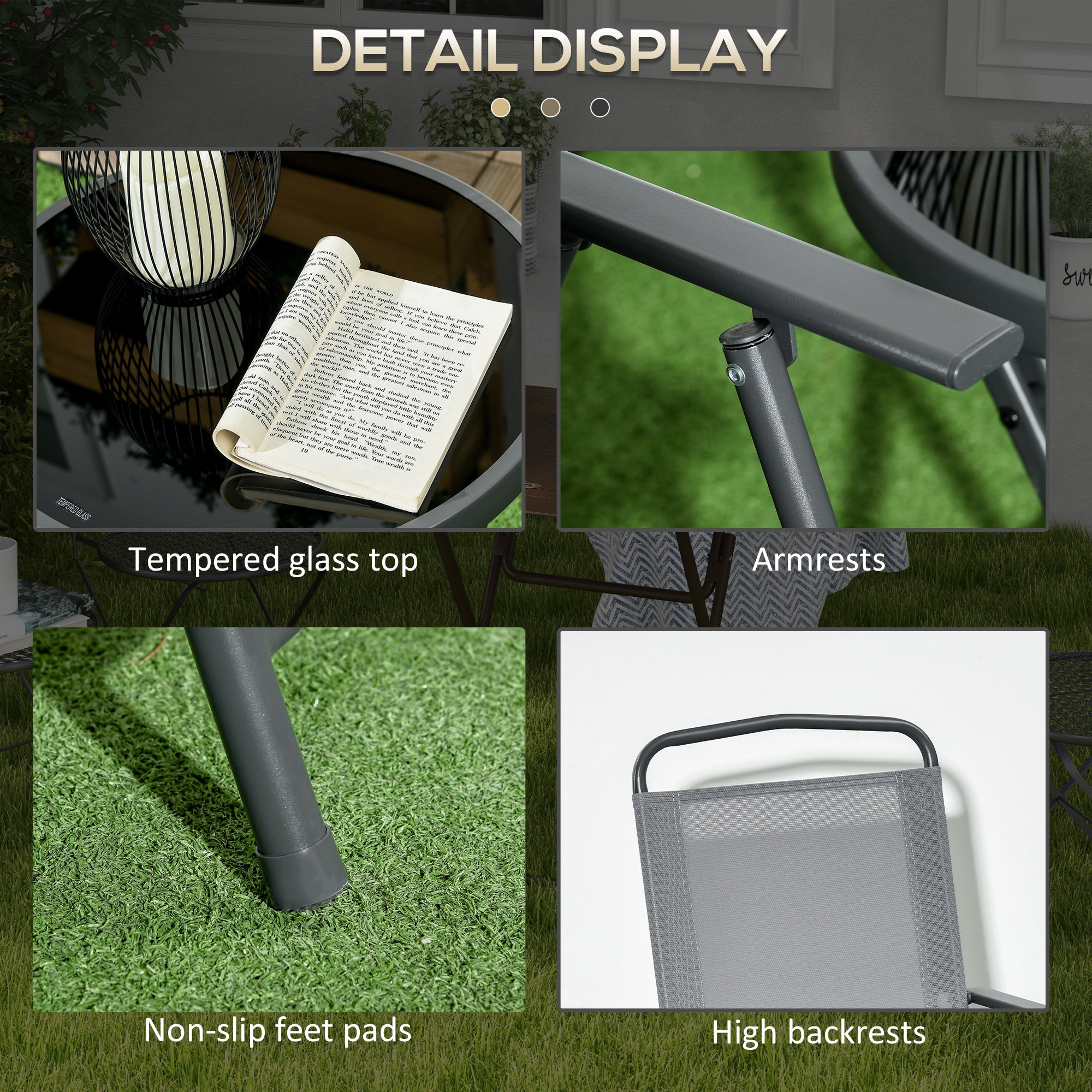 Outsunny Three-Piece Garden Seat Set, with Glass-Top Table - Light Grey - North Peak Garden Furniture