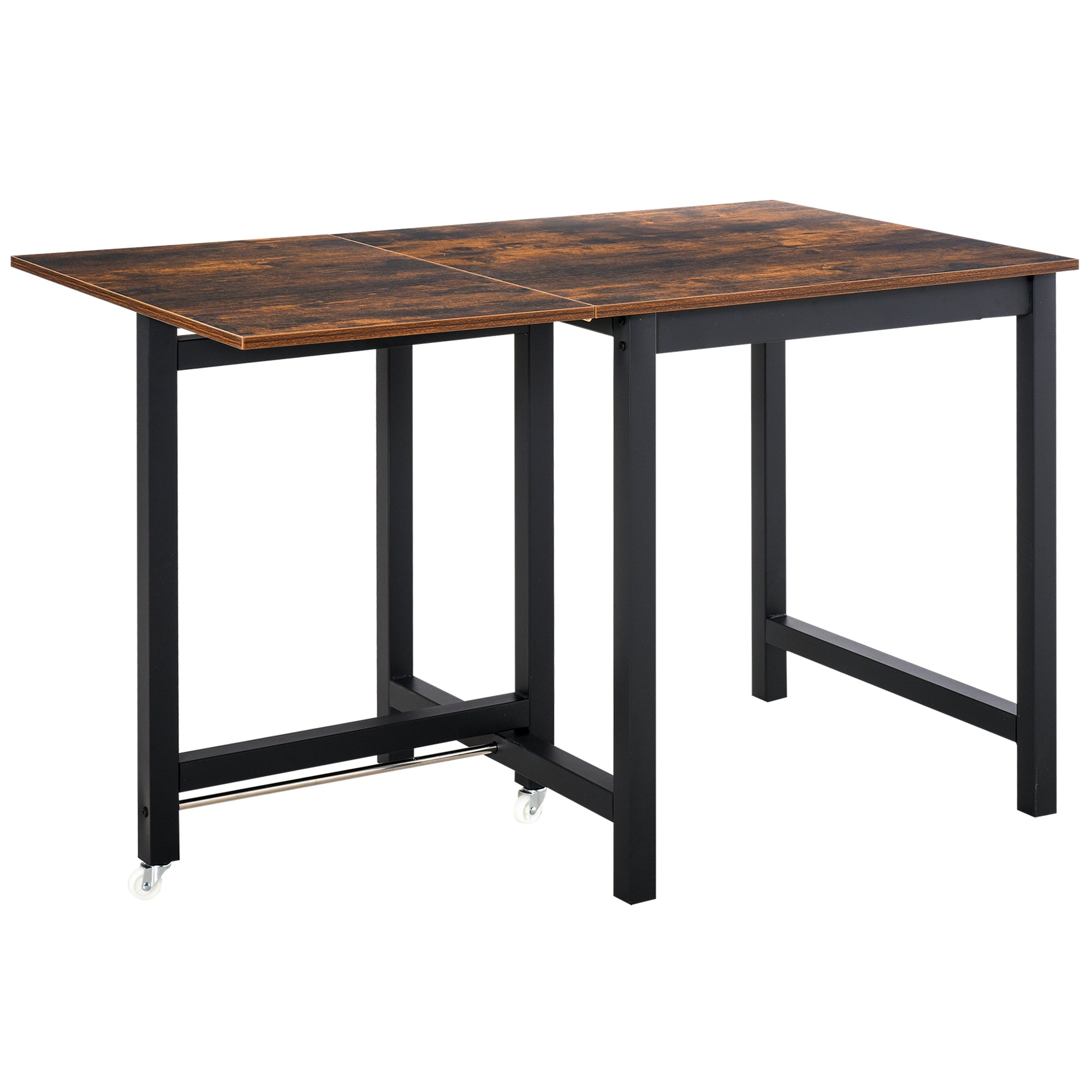 HOMCOM Folding Dining Table, Industrial Drop Leaf Table with Wheels and Metal Frame for Kitchen, Dining Room, Space Saving, Rustic Brown - North Peak Garden Furniture