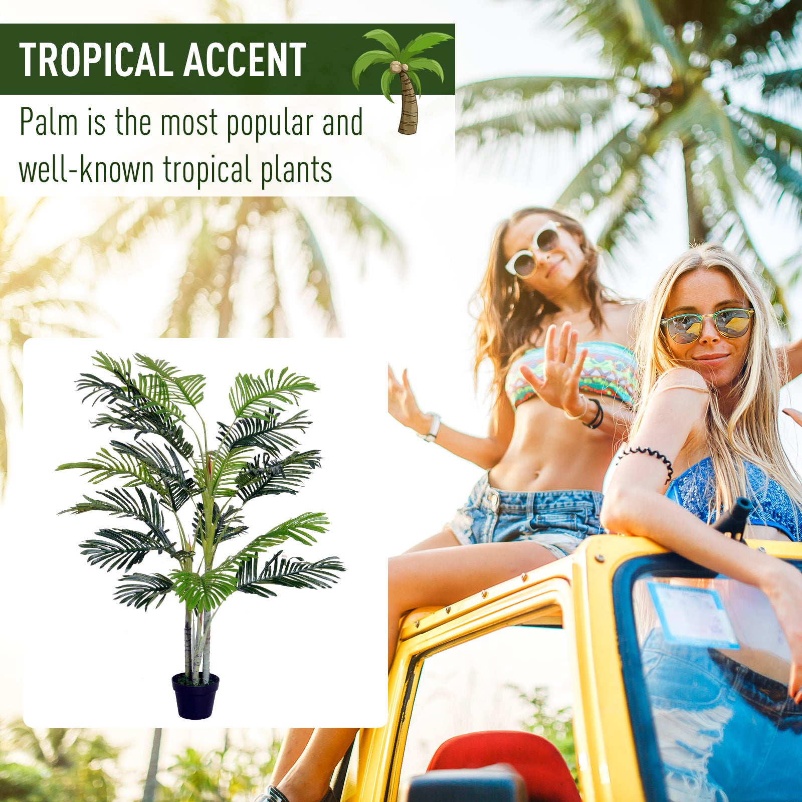 Outsunny 150cm(5ft)  Artificial Palm Tree Decorative Indoor Faux Green Plant w/Leaves Home Décor Tropical Potted Home Office