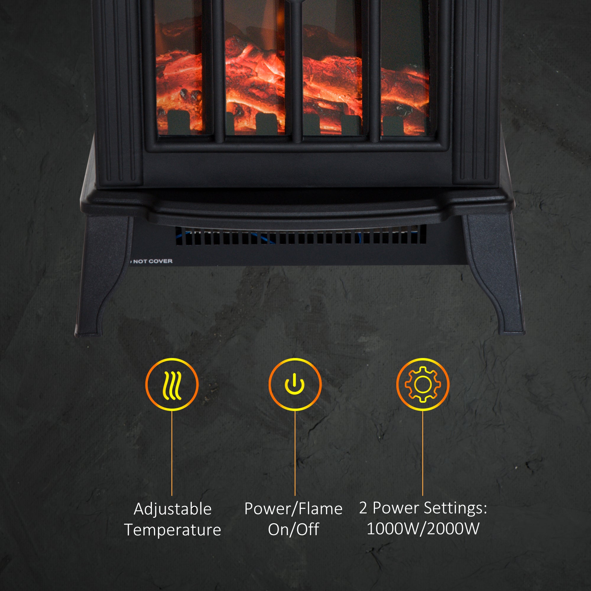 HOMCOM 1000W/2000W Freestanding Electrical Fireplace Indoor Heater Stove Log Wood LED Burning Effect Flame with Thermostat Control Black