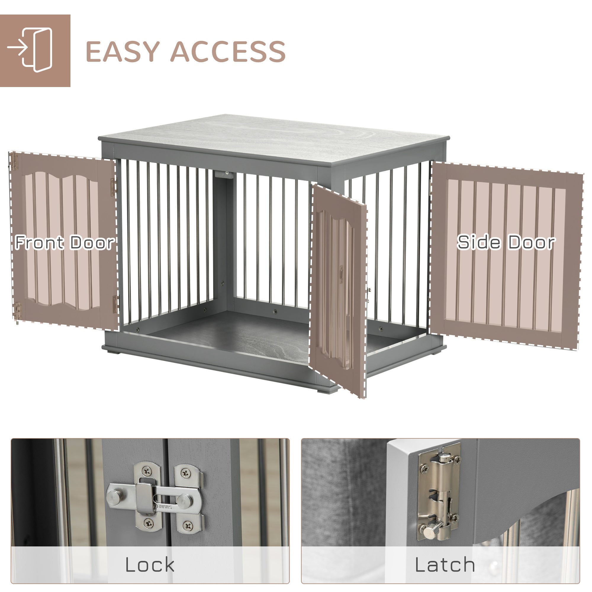 PawHut Dog Crate End Table Furniture Style Dog Cage w/ Three Doors, Locks and Latches - Grey