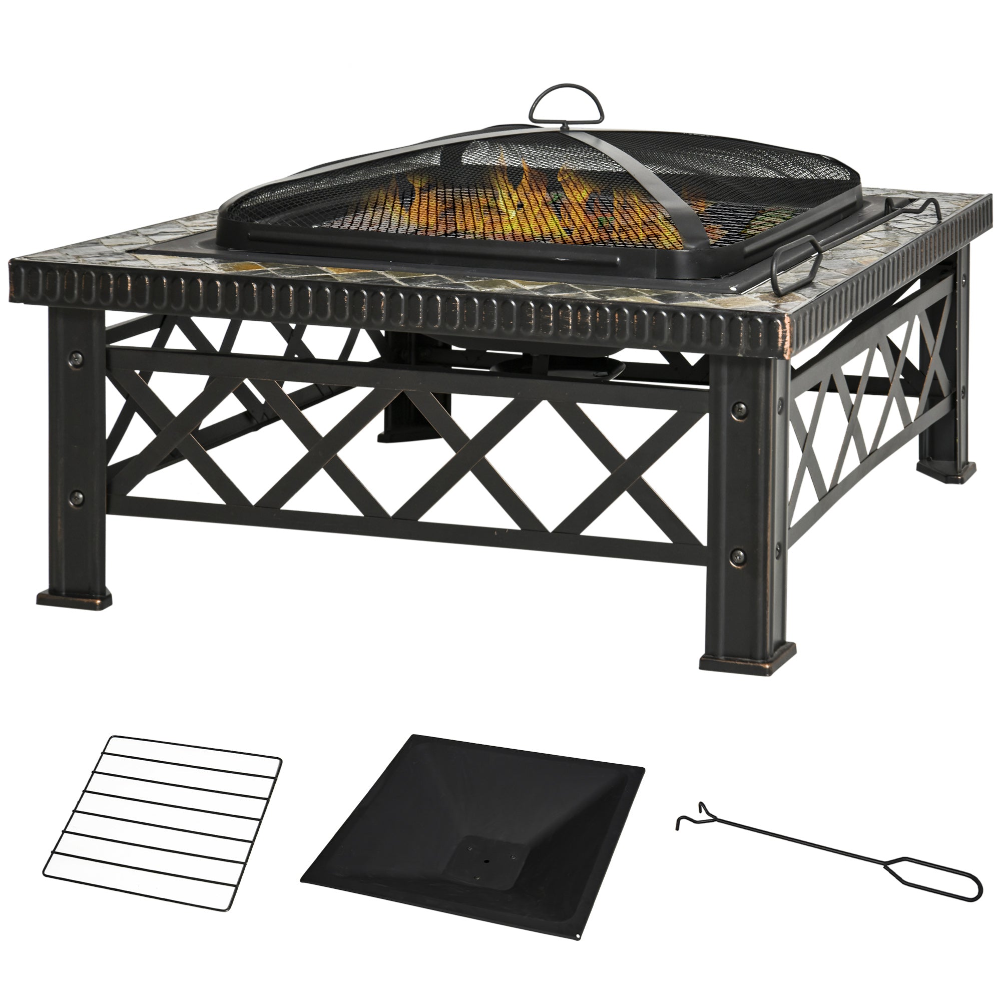Outsunny Large Outdoor Fire Pit Table, 3 in 1 Square Wood Burning Firepit Metal Brazier, BBQ Grill, Ice Bucket w/ Grill Grate, Log Grate, Lid, Poker for Garden, Camping, Bonfire, 76 x 76 x 47cm, Black - North Peak Garden Furniture