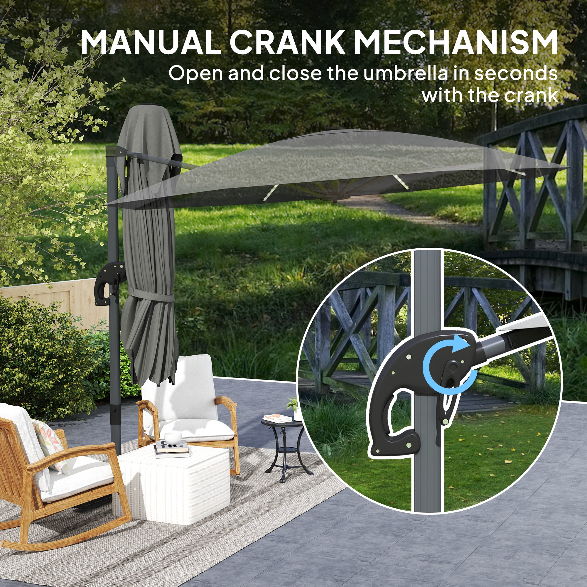 Outsunny 3(m) Cantilever Garden Parasol with Solar Powered Lights, Crank Handle & Cross Base, UPF 50+, 360° Rotation, Dark Grey - North Peak Garden Furniture