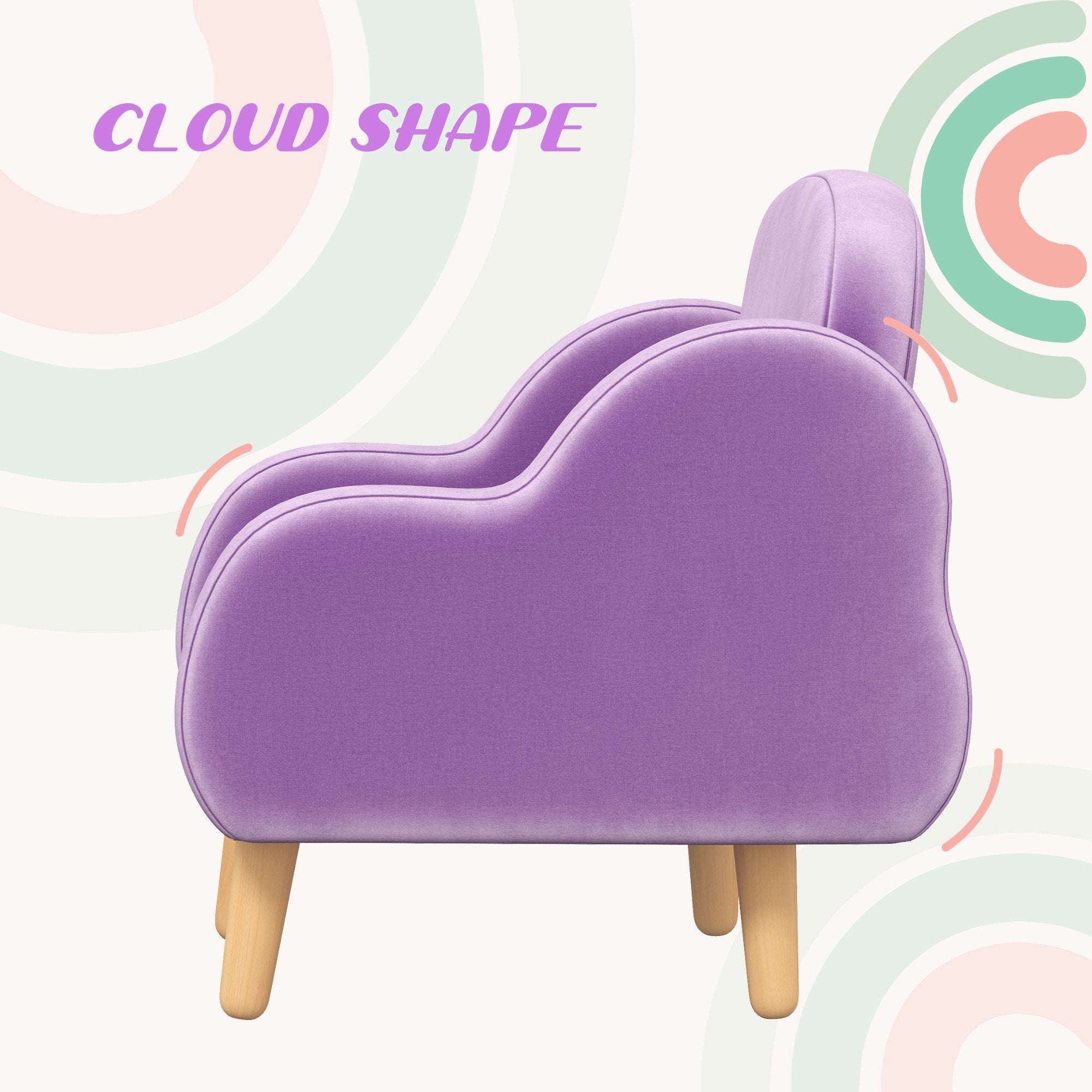 ZONEKIZ Kids Armchair Toddler Sofa Children Chair with Arm Rest, Wooden Frame, Velvet, PP Legs, Cloud Shape, for Ages 1.5-3 Years - Purple