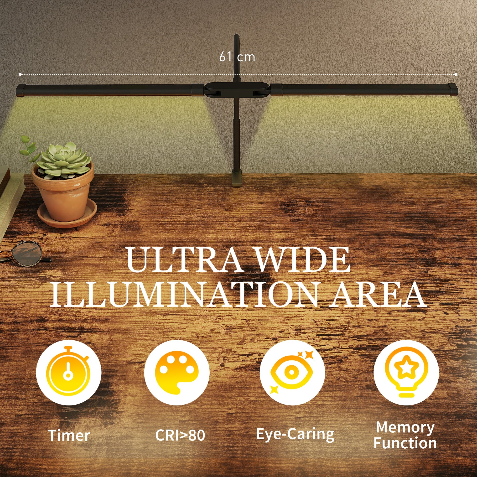 HOMCOM LED Desk Lamp with Clamp, Double Head Table Lamp with 3 Colour Modes & 10 Brightness Levels, Flexible Gooseneck Reading Desk Light with Timer and Memory Function for Study, Office, Work, Black - North Peak Garden Furniture