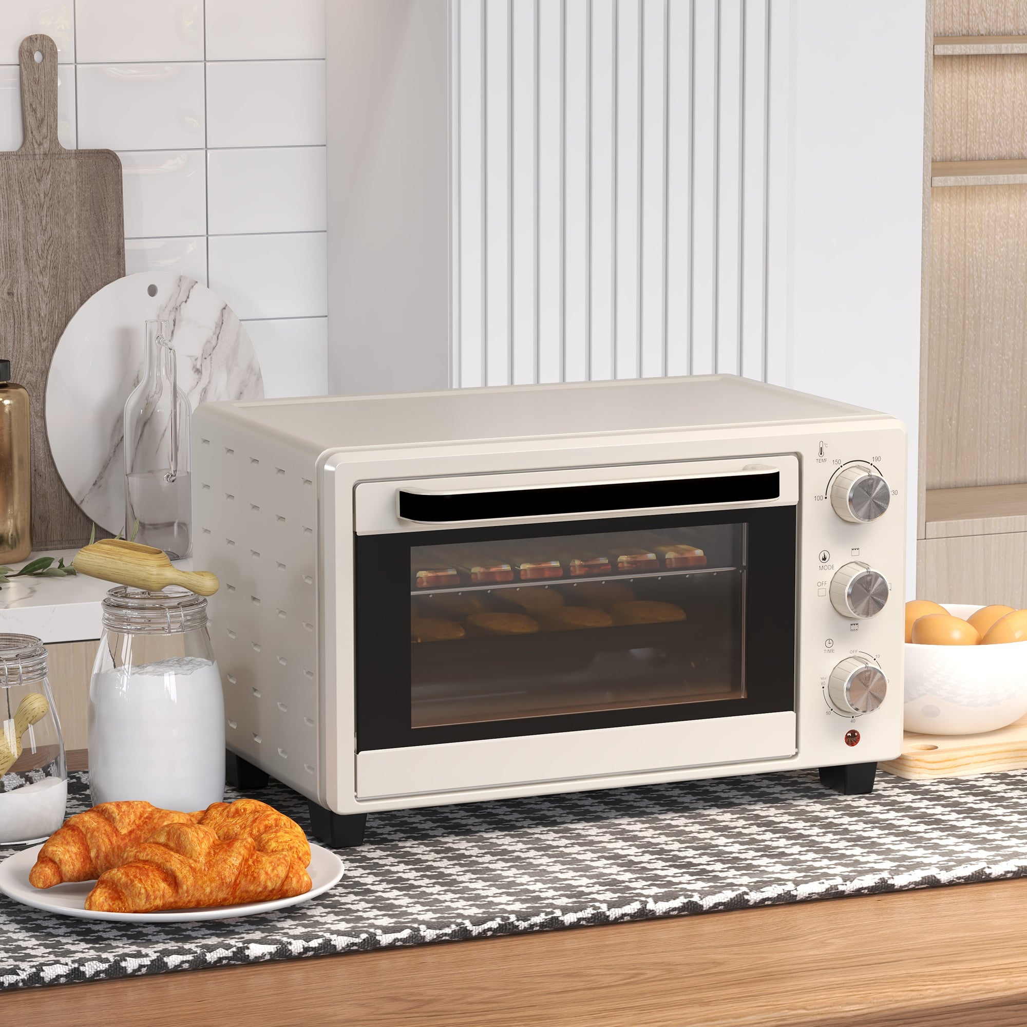 HOMCOM Mini Oven, 21L Countertop Electric Grill, Toaster Oven with Adjustable Temperature, Timer, Baking Tray and Wire Rack, 1400W, Cream - North Peak Garden Furniture