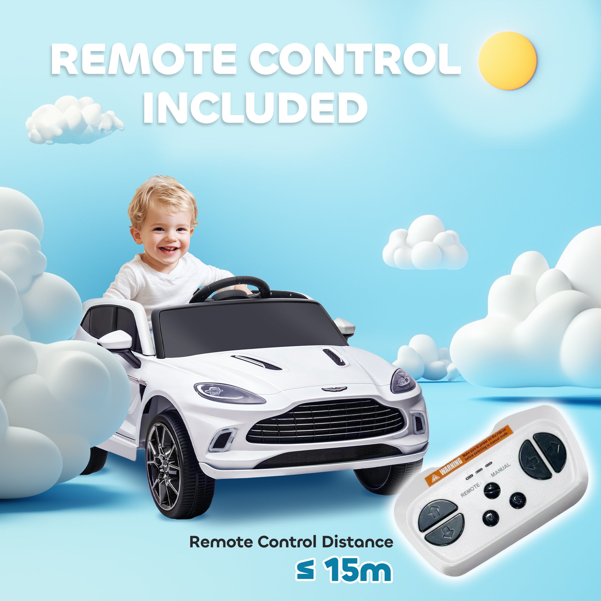 AIYAPLAY Aston Martin DBX Licensed Battery Powered Kids Electric Car, 12V Kids Ride on Car w/ Lights, Music Horn, White - North Peak Garden Furniture