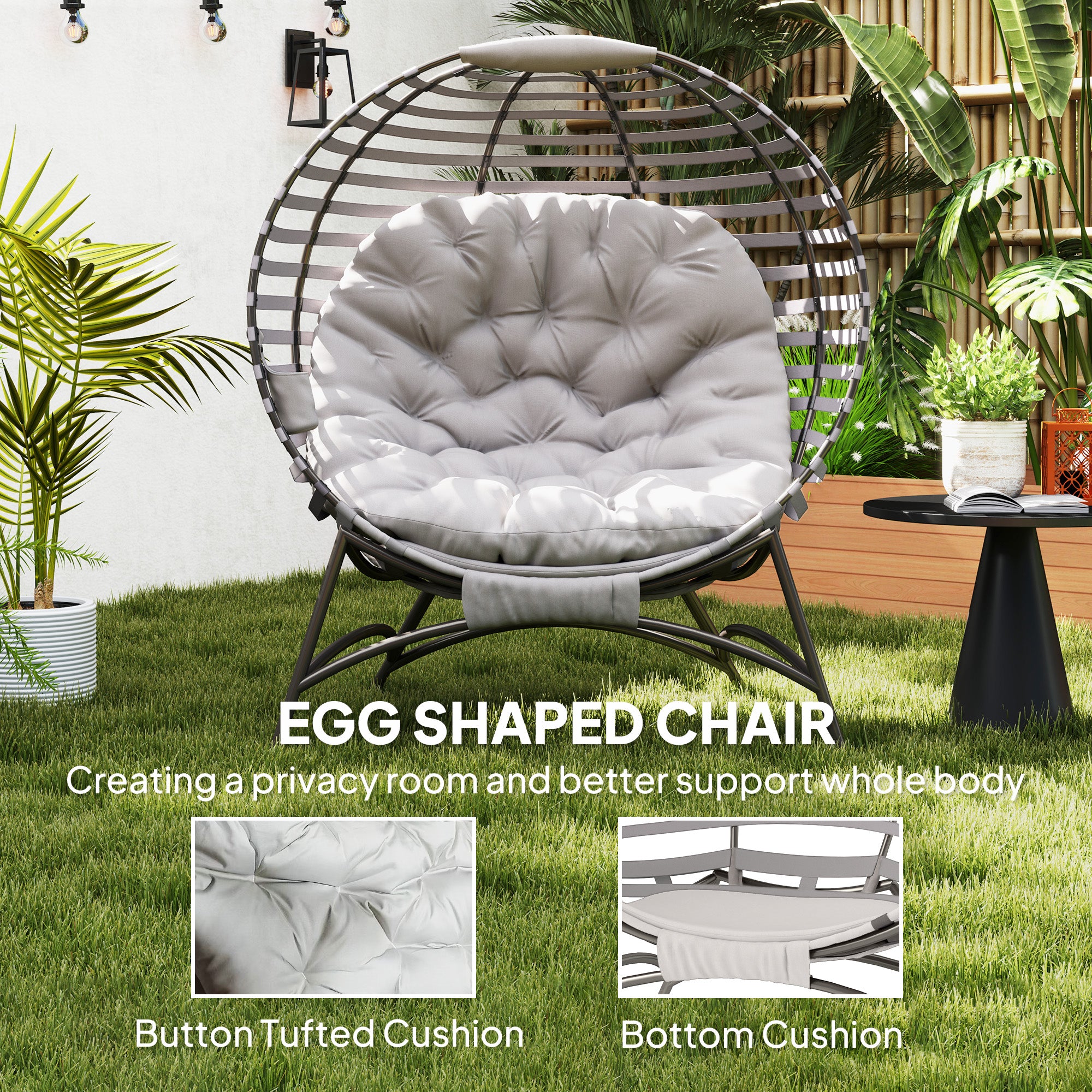 Outsunny Egg Chair with Cushion & Side Pocket - Light Grey - North Peak Garden Furniture