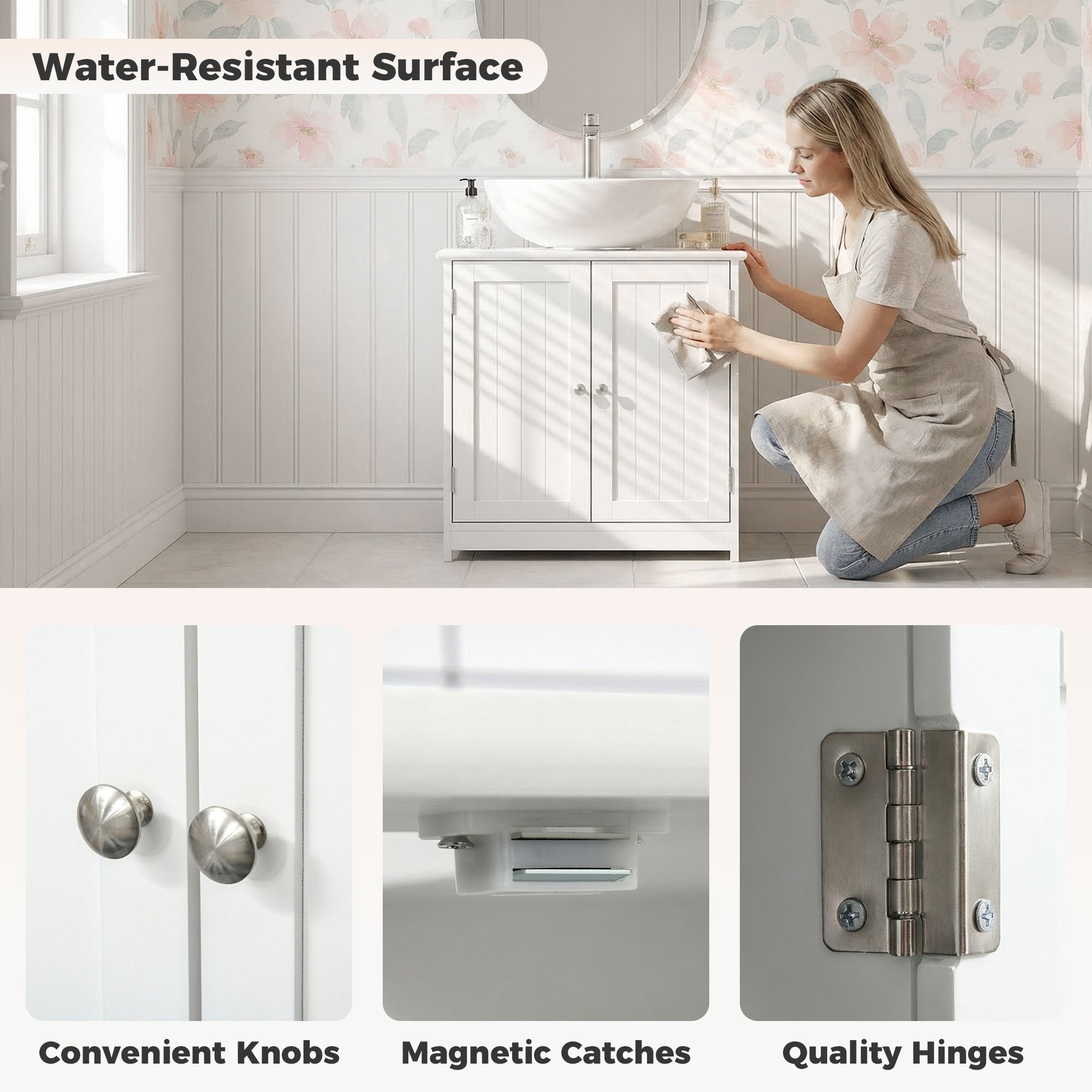 kleankin 60x60cm Under-Sink Storage Cabinet w/ Adjustable Shelf Handles Drain Hole Bathroom Cabinet Space Saver Organizer White