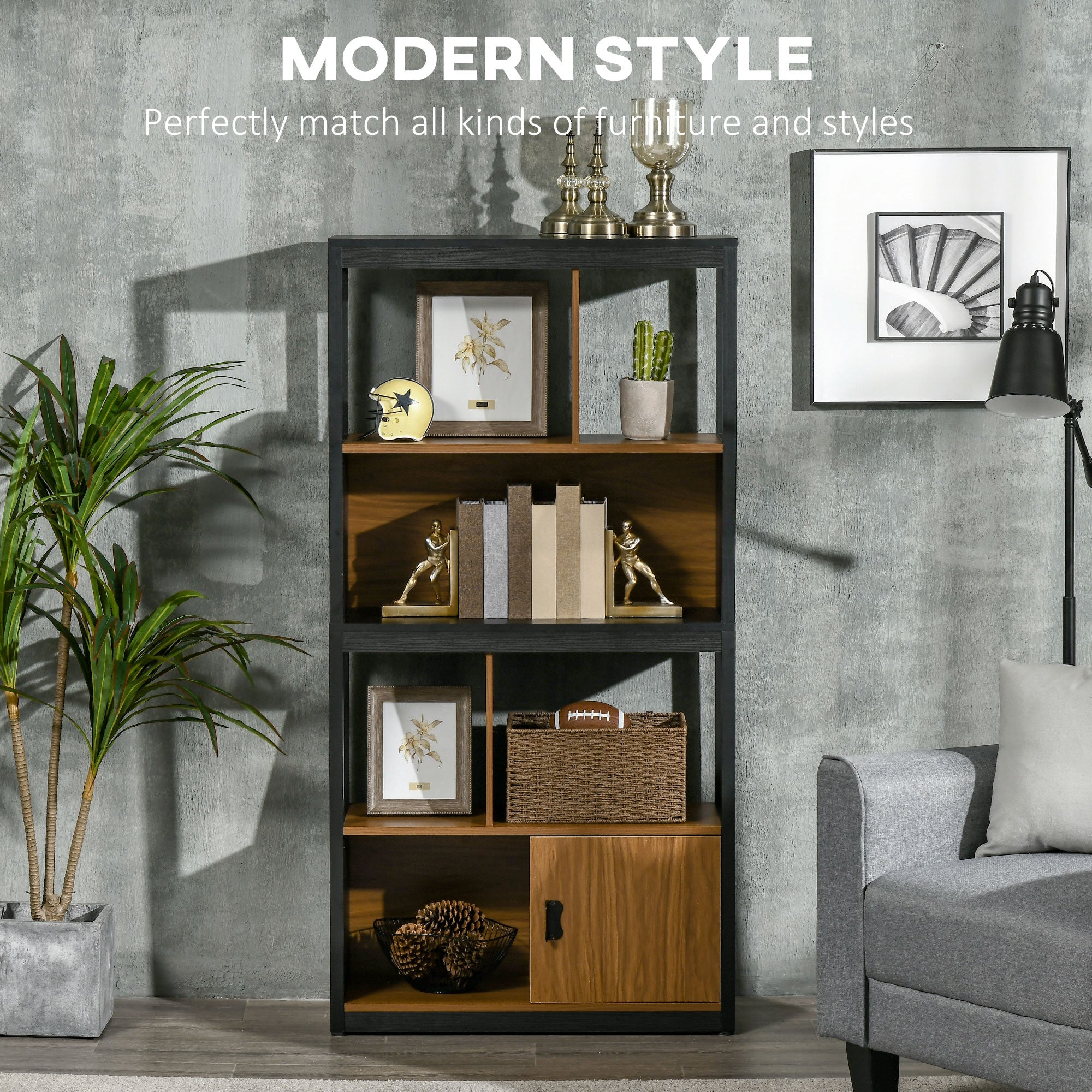 HOMCOM Modern 4-Tier Bookshelf, Freestanding Bookcase with Storage Shelving and Closed Cabinet, for Living Room Home Office Study, Walnut Brown - North Peak Garden Furniture