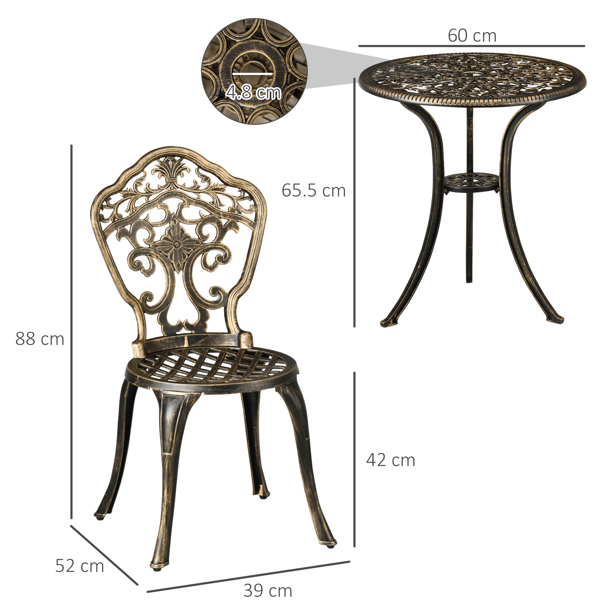 Outsunny 3 Piece Cast Aluminium Garden Bistro Set for 3 with Parasol Hole, Outdoor Coffee Table Set, Two Armless Chairs and Round Coffee Table for Balcony, Patio, Bronze - North Peak Garden Furniture