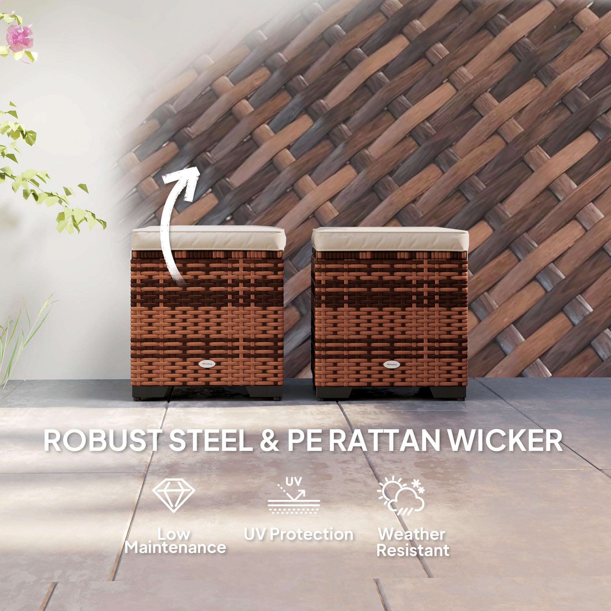 Outsunny Set of 2 Rattan Storage Ottoman, Outdoor Footstool with Removable Cushions, Garden Storage Seat for Balcony, Poolside, Living Room, Beige - North Peak Garden Furniture