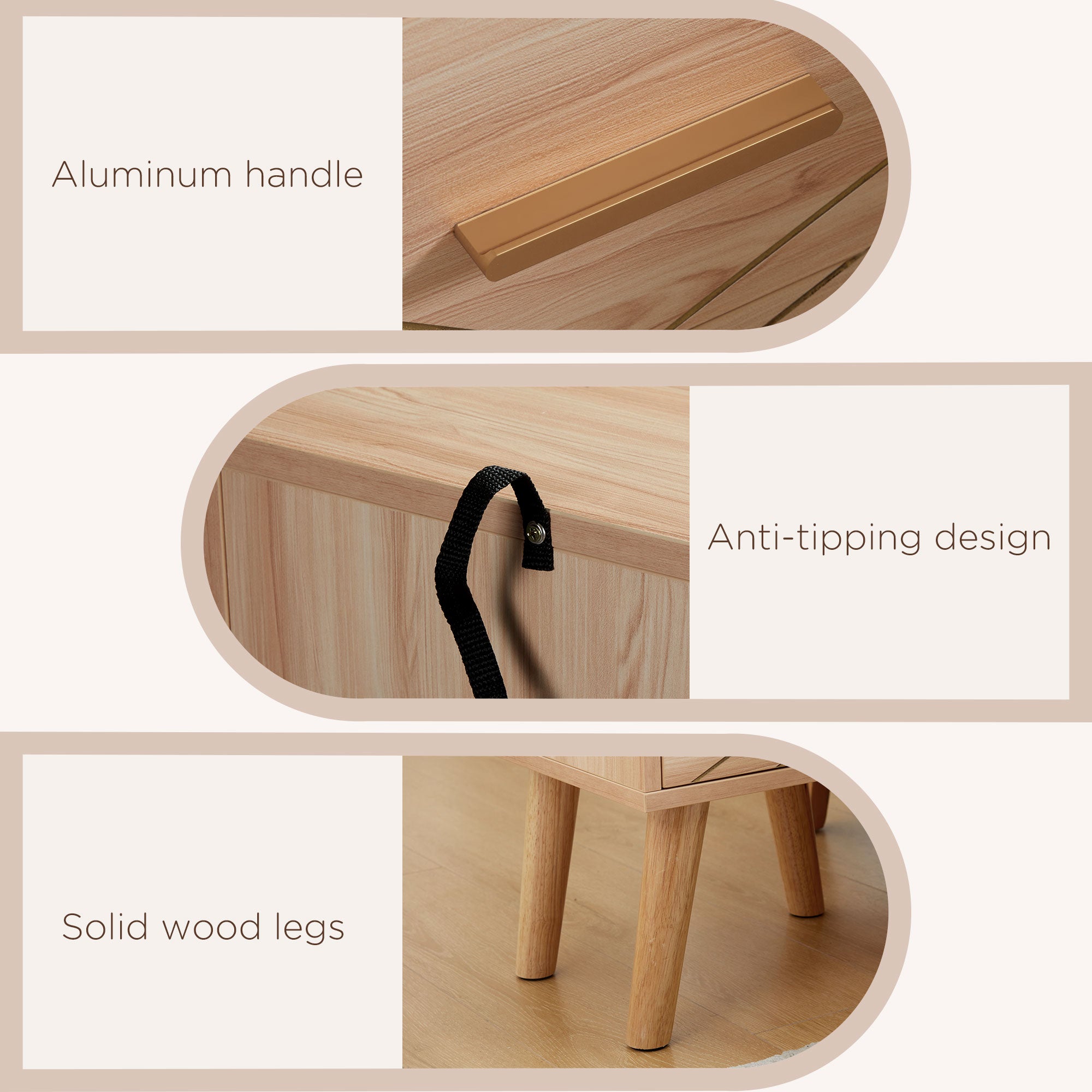 HOMCOM Bedside Cabinet, Scandinavian Bedside Table with Drawers, Bed Side Table with Wood Legs, Natural - North Peak Garden Furniture