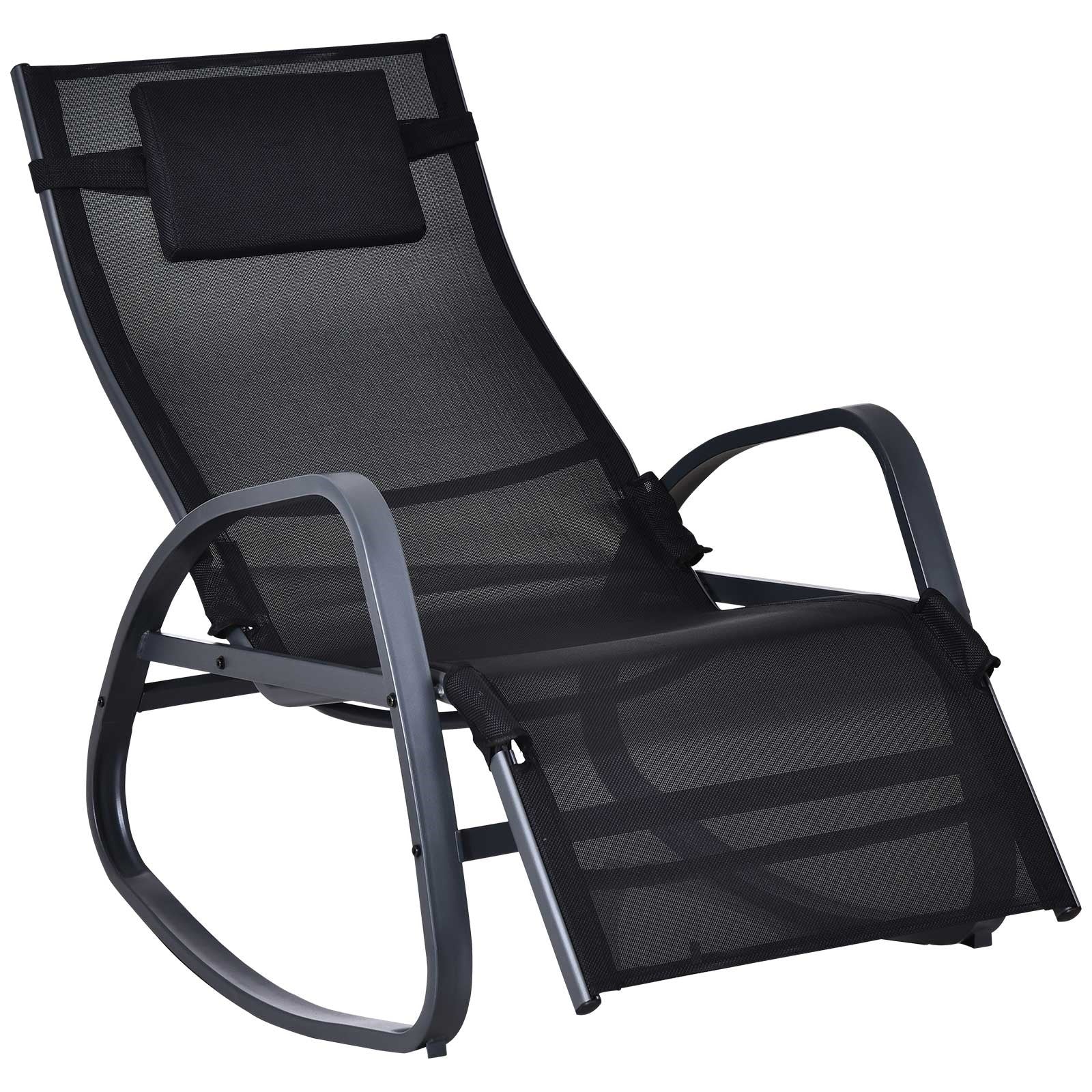 Outsunny Garden Rocking Chair with 5-Level Adjustable Backrest, Rocking Sun Lounger with Removeable Headrest Pillow, Footrest, Armrest and Safety Stopper, Black - North Peak Garden Furniture