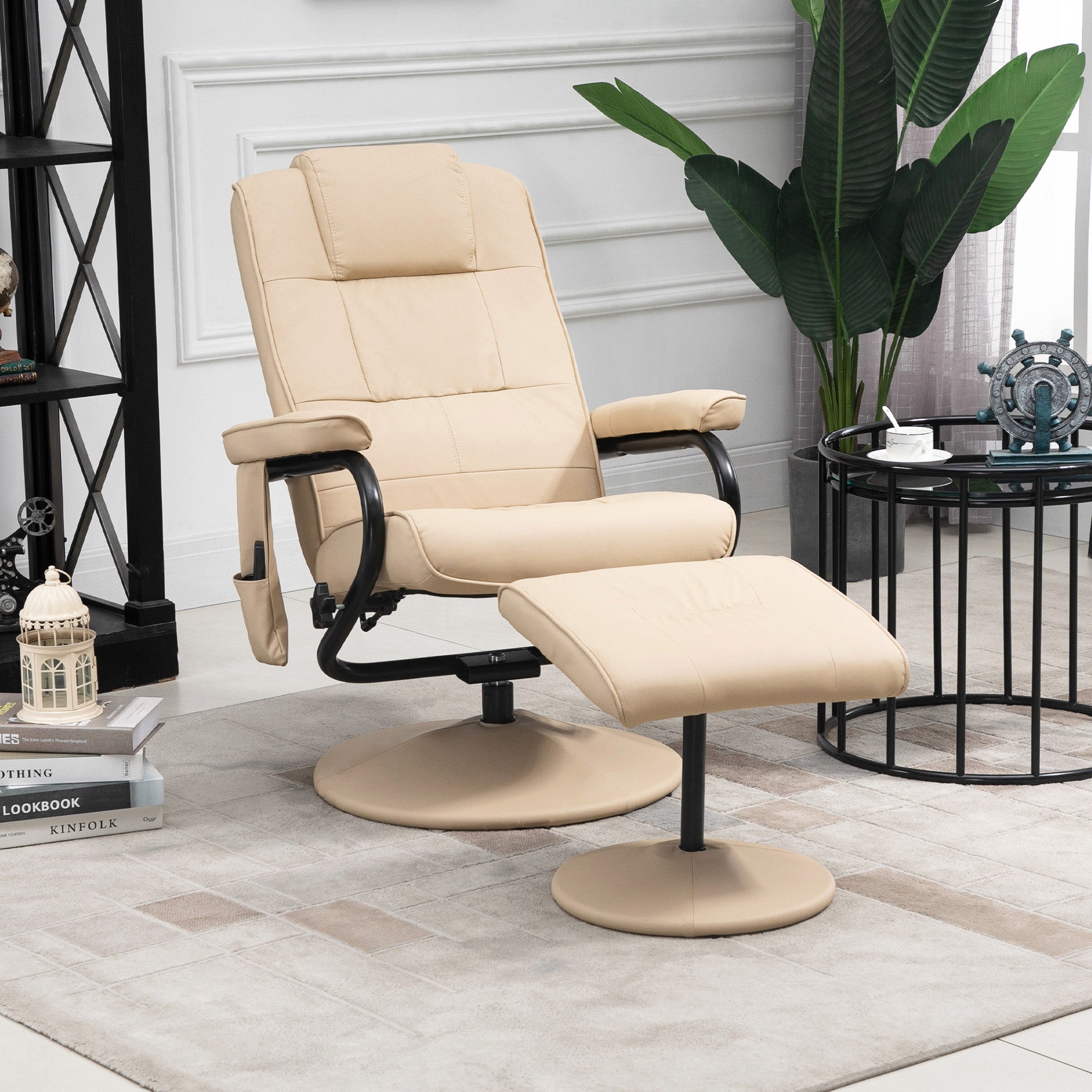 HOMCOM Manual Sofa Reclining Armchair PU Leather Massage Recliner Chair and Ottoman, Cream - North Peak Garden Furniture