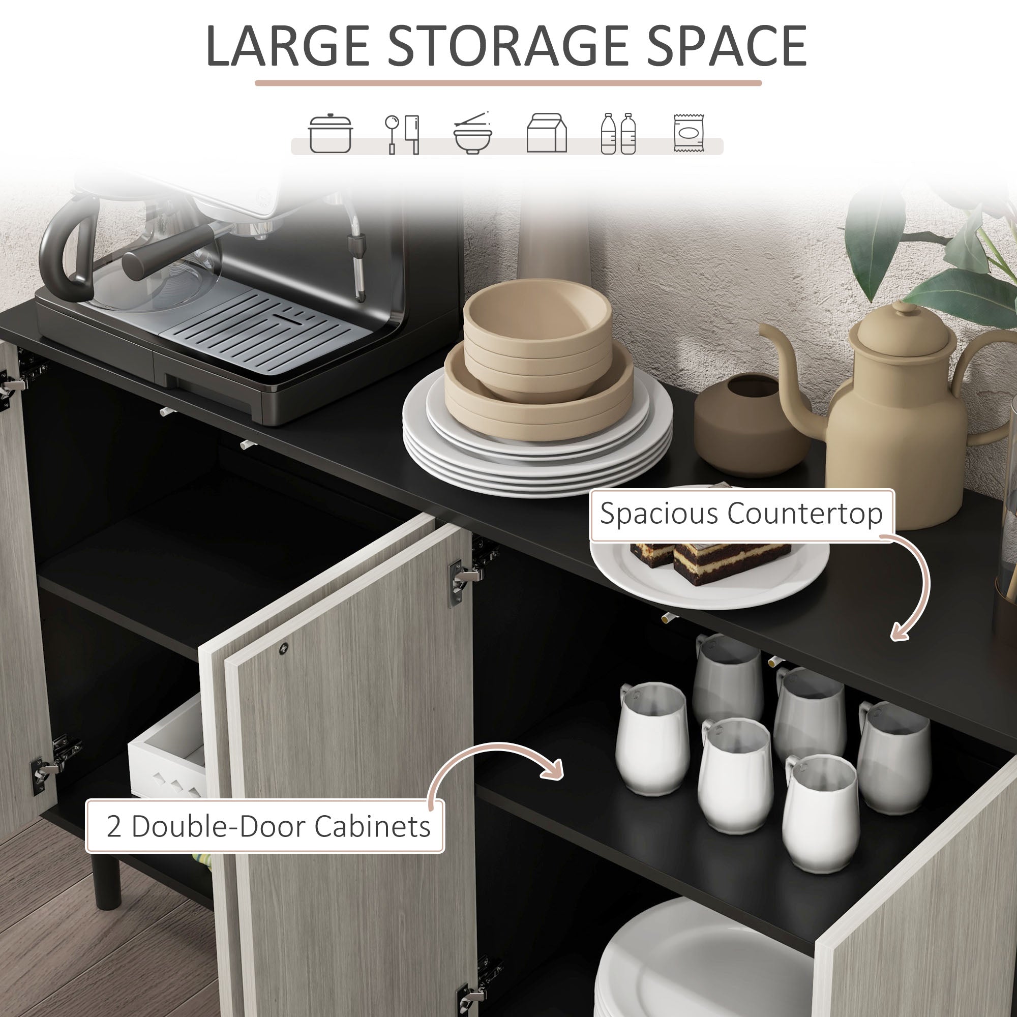HOMCOM Kitchen Sideboard Storage Cabinet for Living Room with Adjustable Shelves 4 Doors and Pine Wood Legs Black - North Peak Garden Furniture