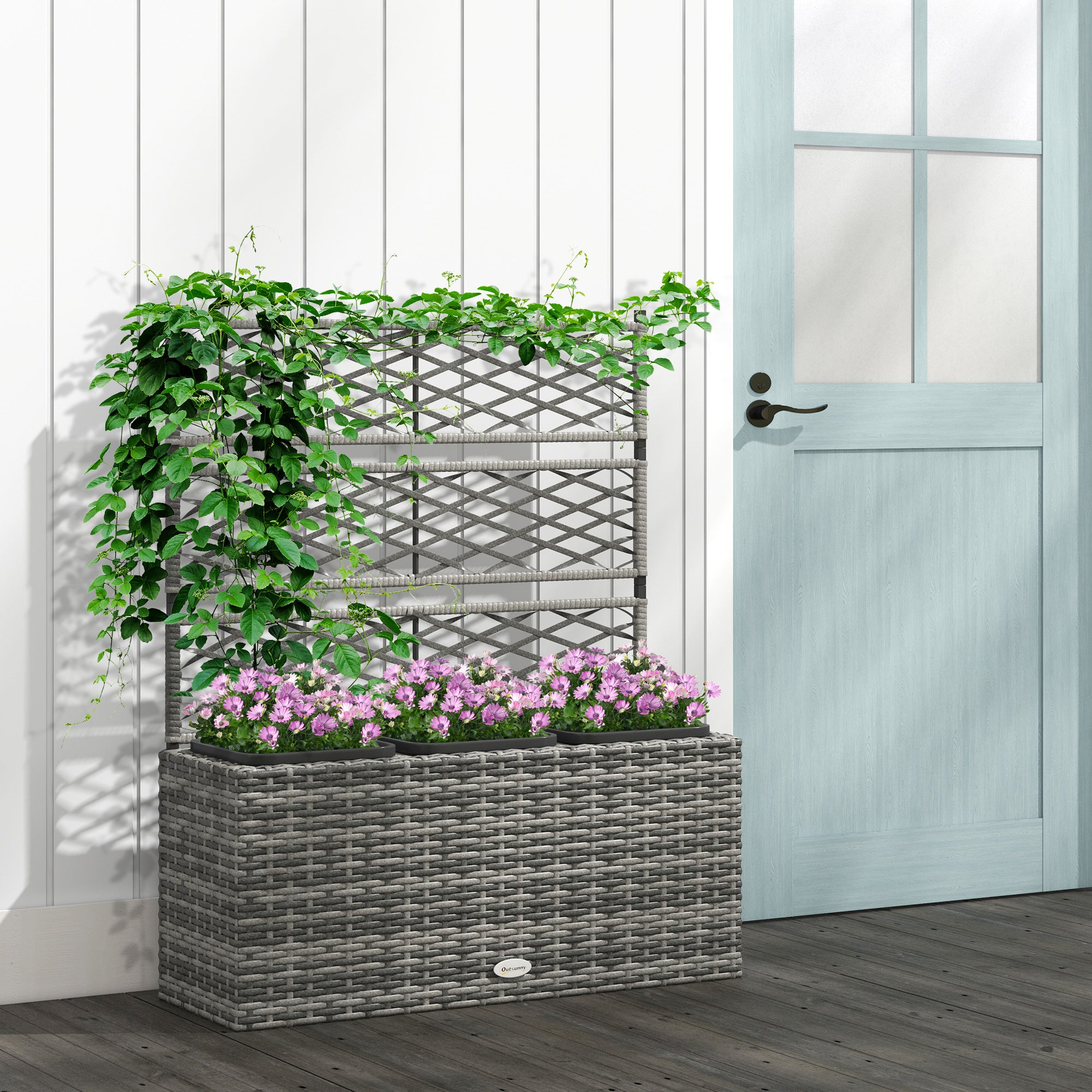 Outsunny 33L Garden PE Rattan Planter with Trellis, Free Standing Flower Raised Bed for Garden, Garden Planter for Climbing Plants, 84cm x 30cm x 107cm, Light Grey