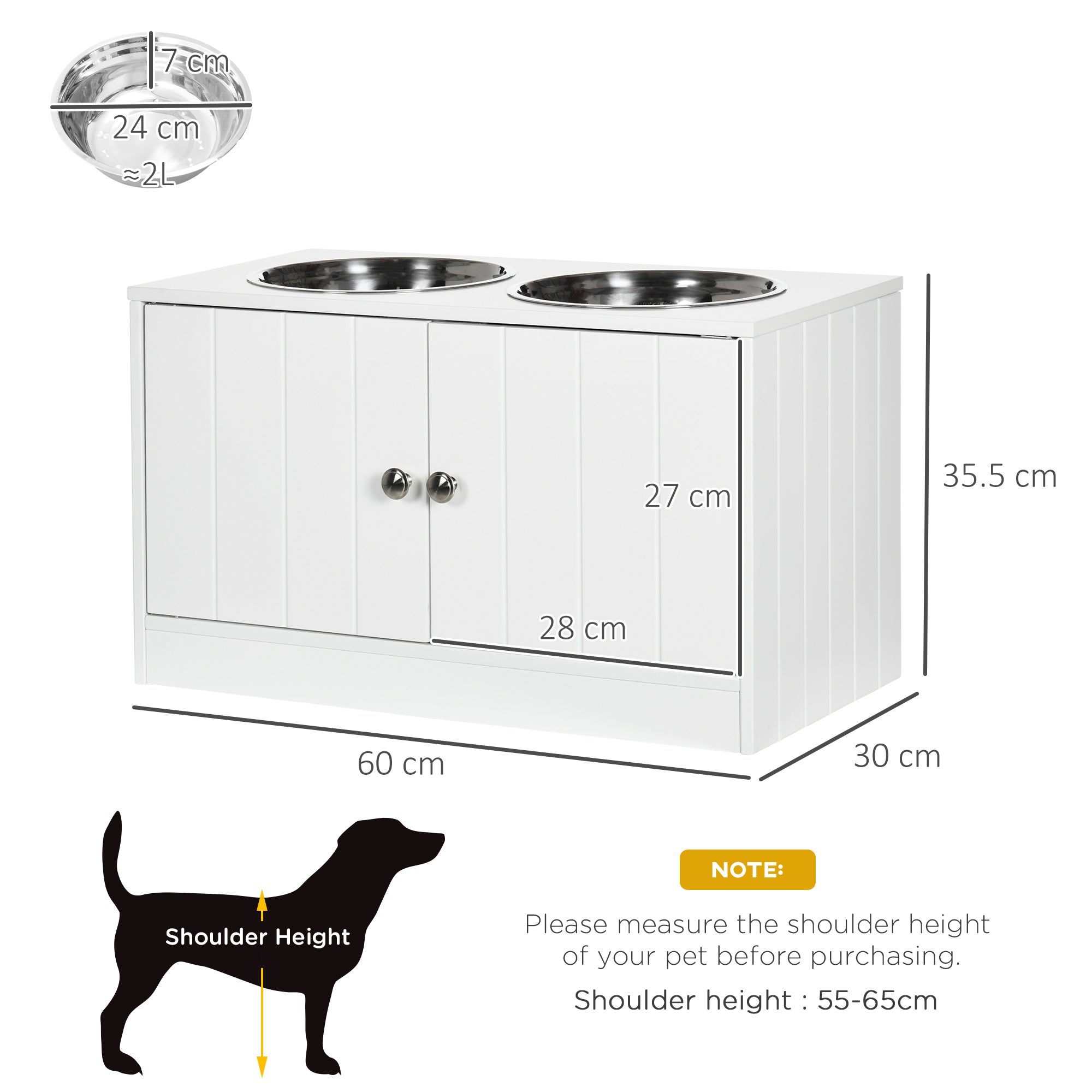PawHut Raised Pet Feeder, with Two Bowls, Storage - White - North Peak Garden Furniture