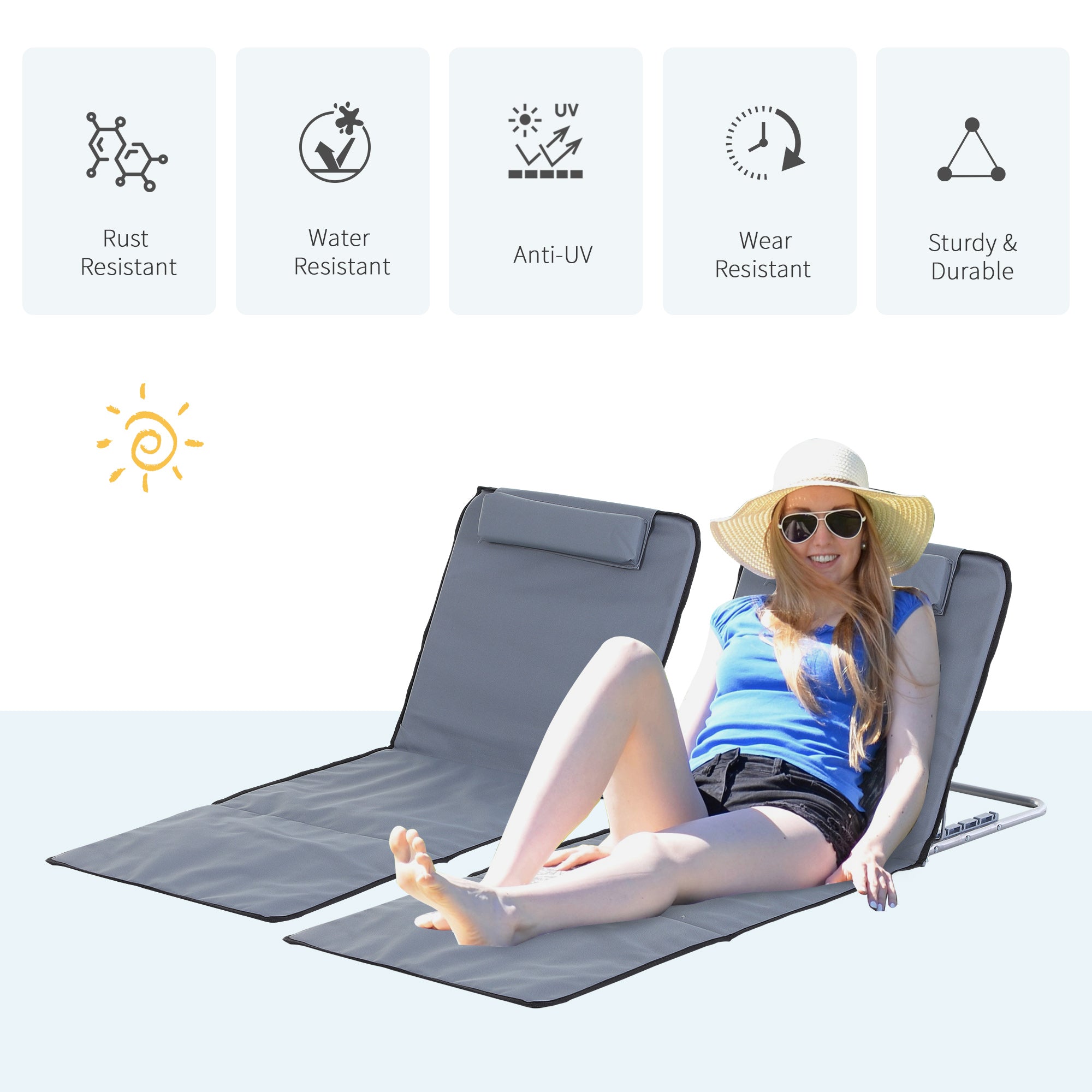 Outsunny Set of 2 Foldable Garden Beach Chair Mat Lightweight Outdoor Sun Lounger Seats Adjustable Back Metal Frame PE Fabric Head Pillow w/ Carry Bag,Grey - North Peak Garden Furniture