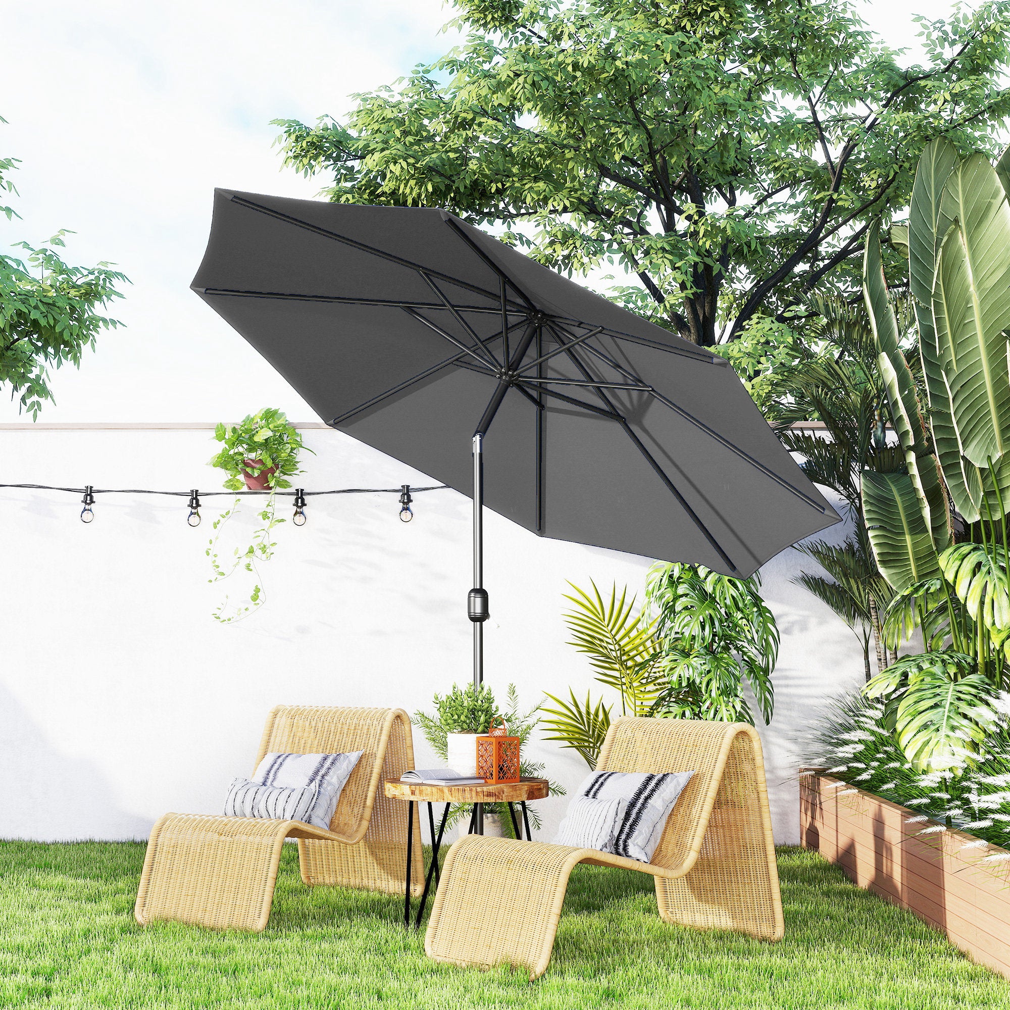 Outsunny 3(m) Tilting Parasol Garden Umbrellas, Outdoor Sun Shade with 8 Ribs, Tilt and Crank Handle for Balcony, Bench, Garden, Dark Grey