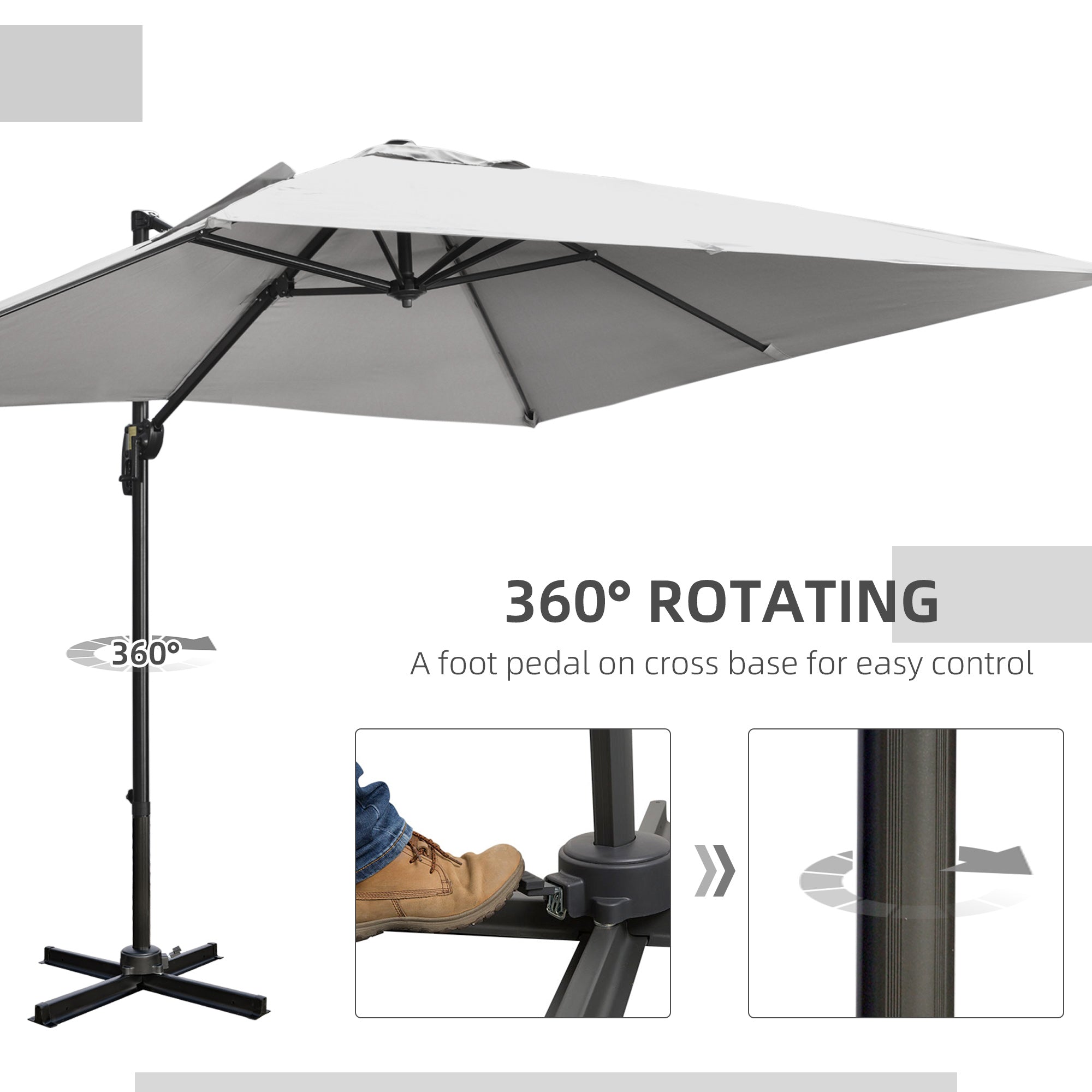 Outsunny 2.7 x 2.7 m Cantilever Parasol, Square Overhanging Umbrella with Cross Base, Crank Handle, Tilt, 360° Rotation and Aluminium Frame, Grey - North Peak Garden Furniture