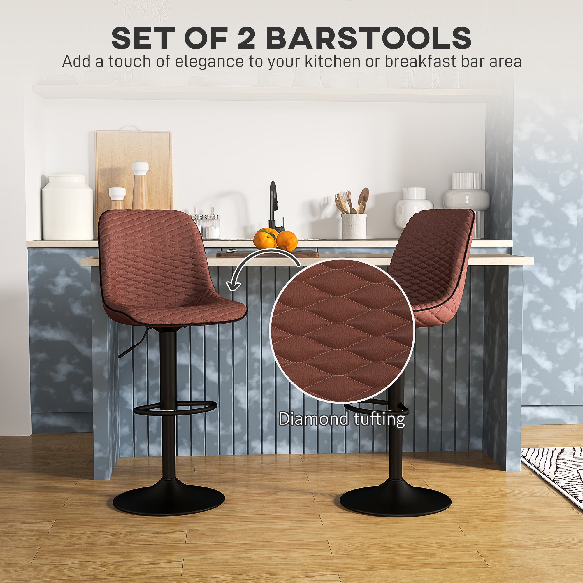 HOMCOM Set of Two Faux Leather Bar Stools - Brown - North Peak Garden Furniture